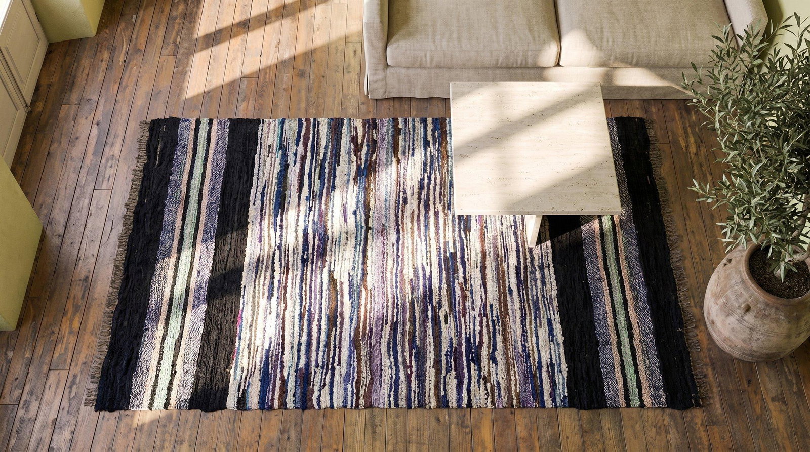 1940s Multicolor Stripe Antique American Rag Rug 3' 4" X 6' 4" Hand Knotted Wool Carpet - 8