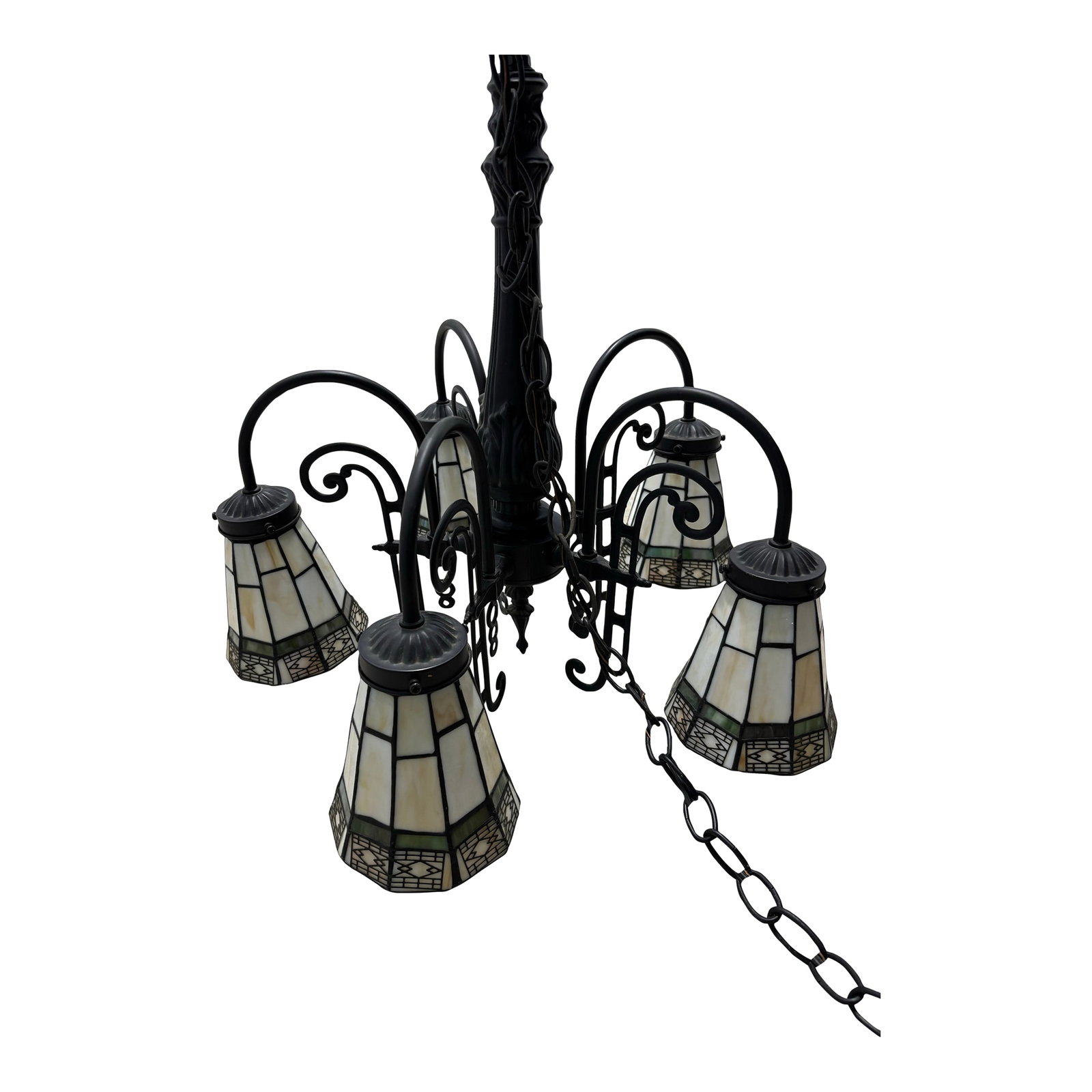Vintage Arts & Crafts Tiffany Style Stained Glass 5 Arm Chandelier: Excellent condition. 5 Light Chandelier with stained glass. Featuring a color story of beige, tan, white, greens, and black. The length of the chain is 45 inches long with a little more room for the