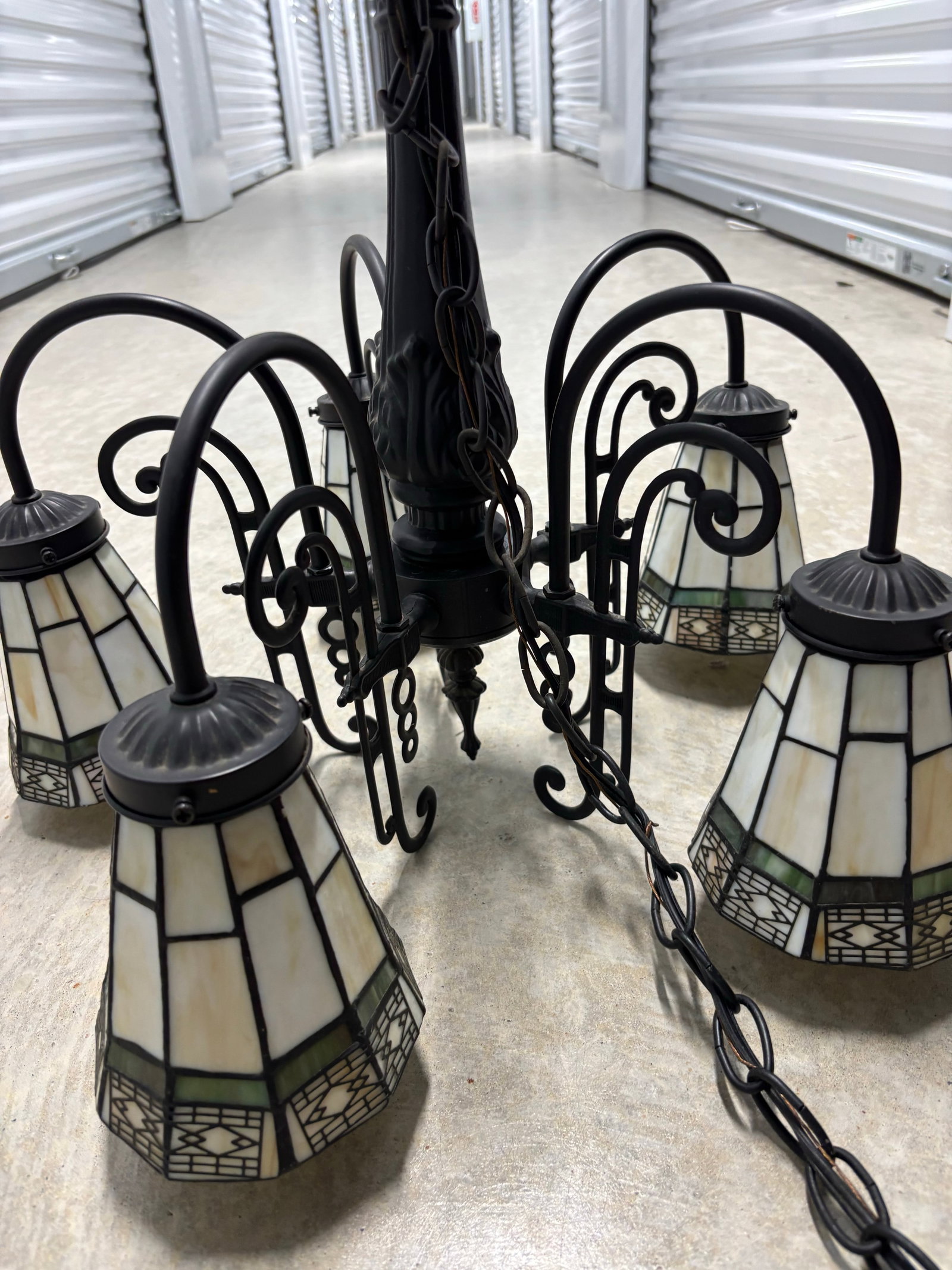 Vintage Arts & Crafts Tiffany Style Stained Glass 5 Arm Chandelier - 2