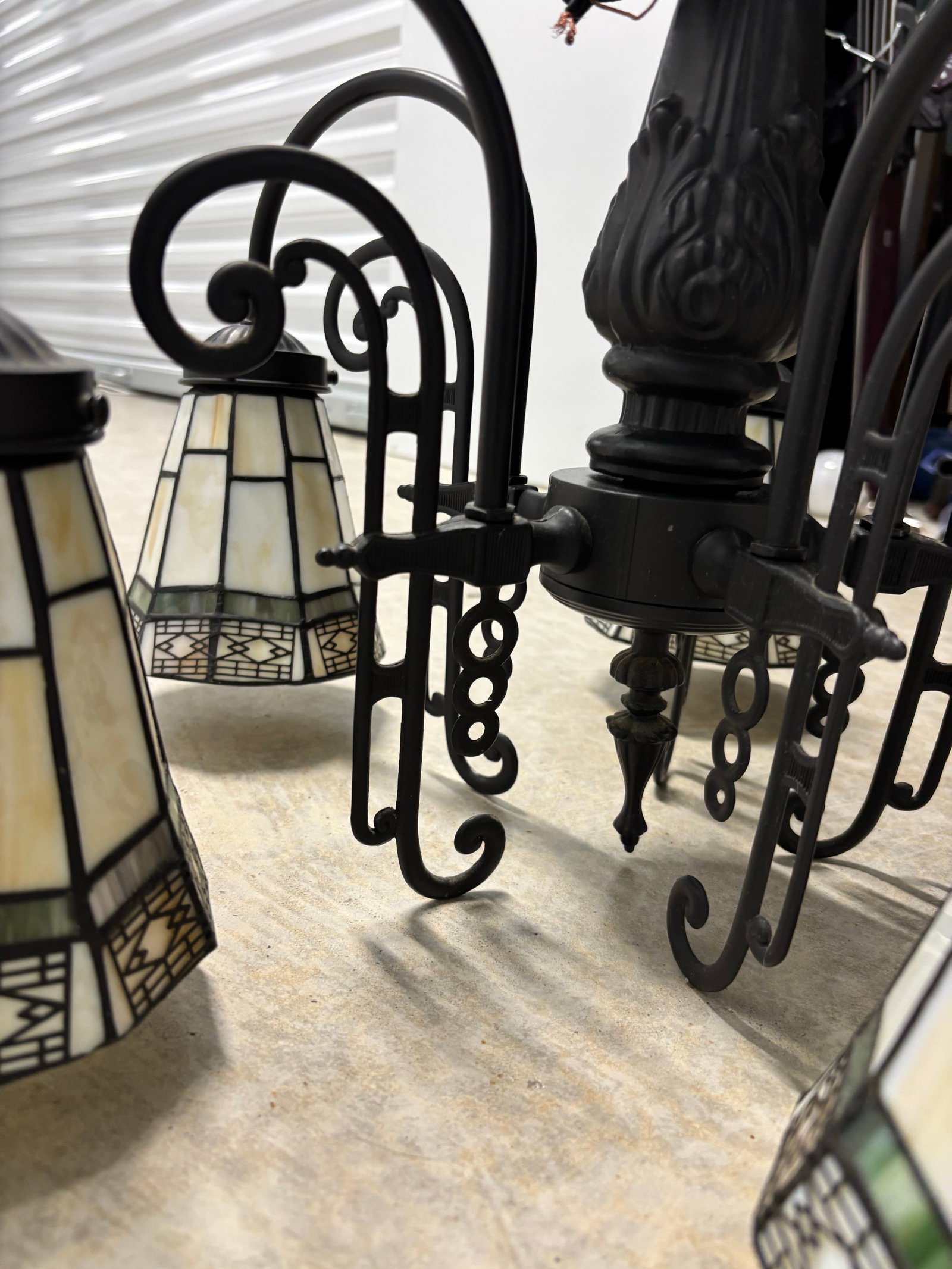 Vintage Arts & Crafts Tiffany Style Stained Glass 5 Arm Chandelier - 3