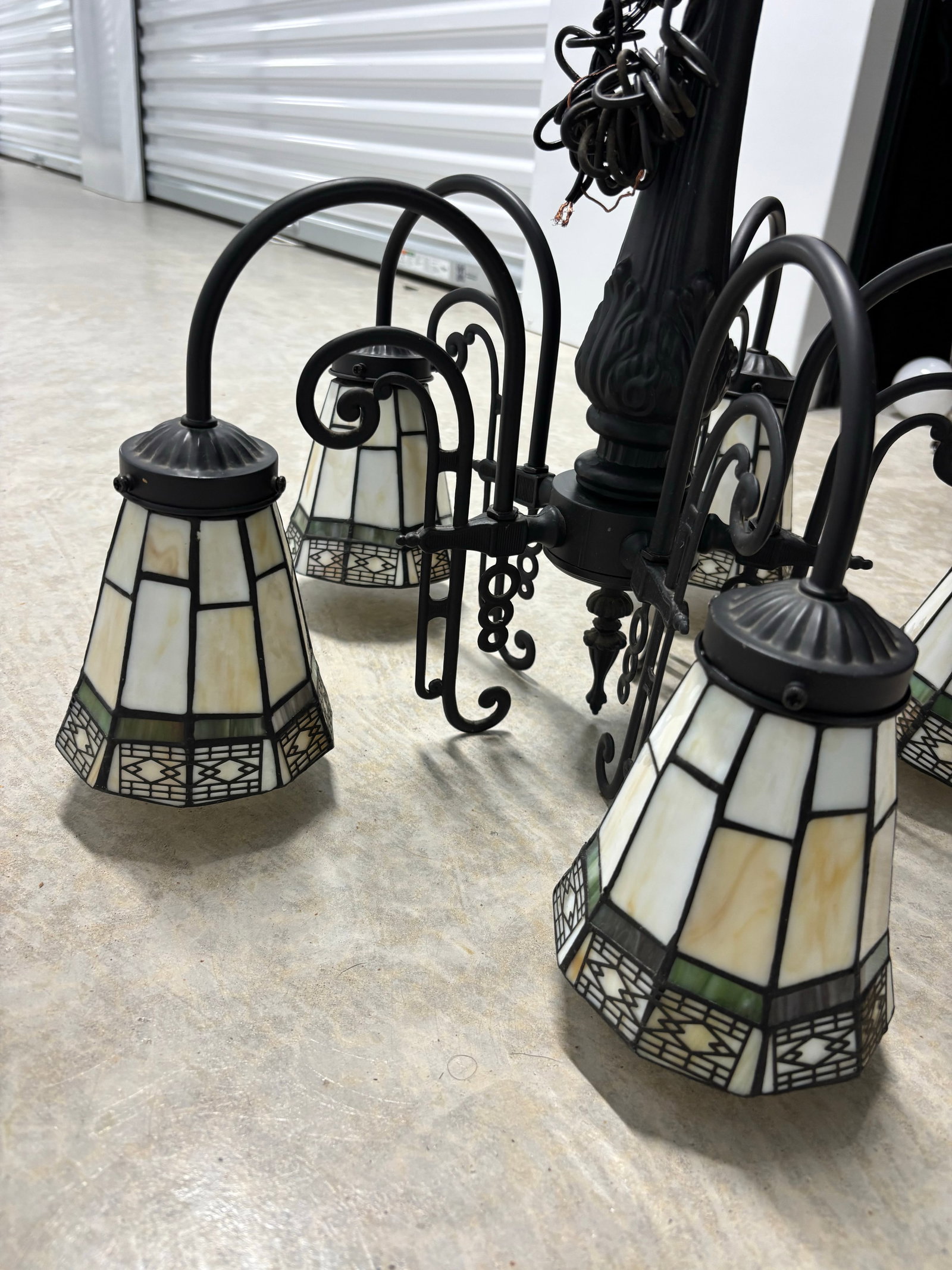 Vintage Arts & Crafts Tiffany Style Stained Glass 5 Arm Chandelier - 4