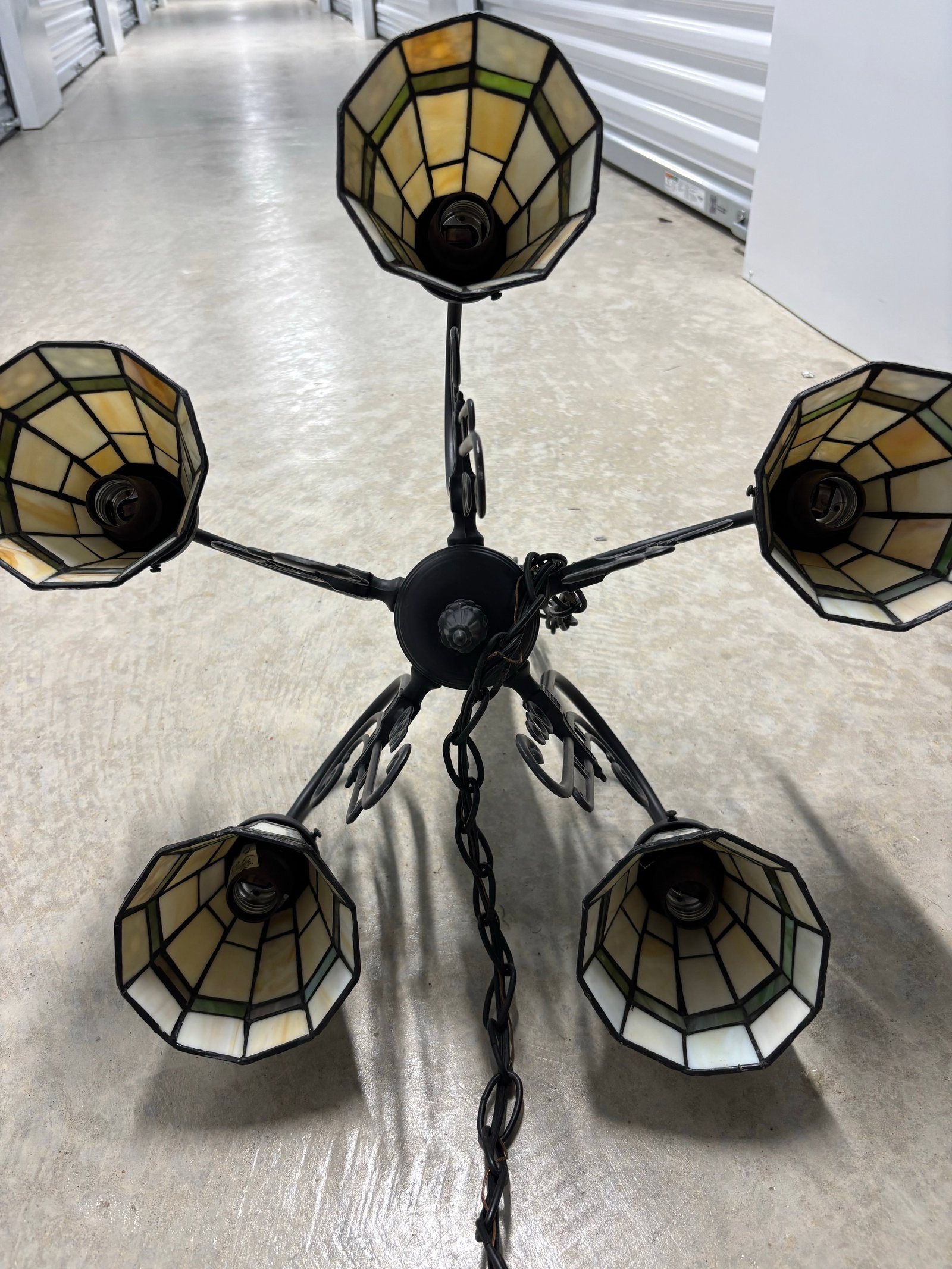 Vintage Arts & Crafts Tiffany Style Stained Glass 5 Arm Chandelier - 6