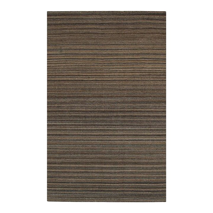 5x8 Brown Hand-Knotted Wool Striated Earth Tones Geometric Modern Carpet Rug: This brown earth tone area rug features a hand knotted pile weave and is constructed from durable polyester fibers. Modeled after the style of traditional Kilims, this floor covering originates from I