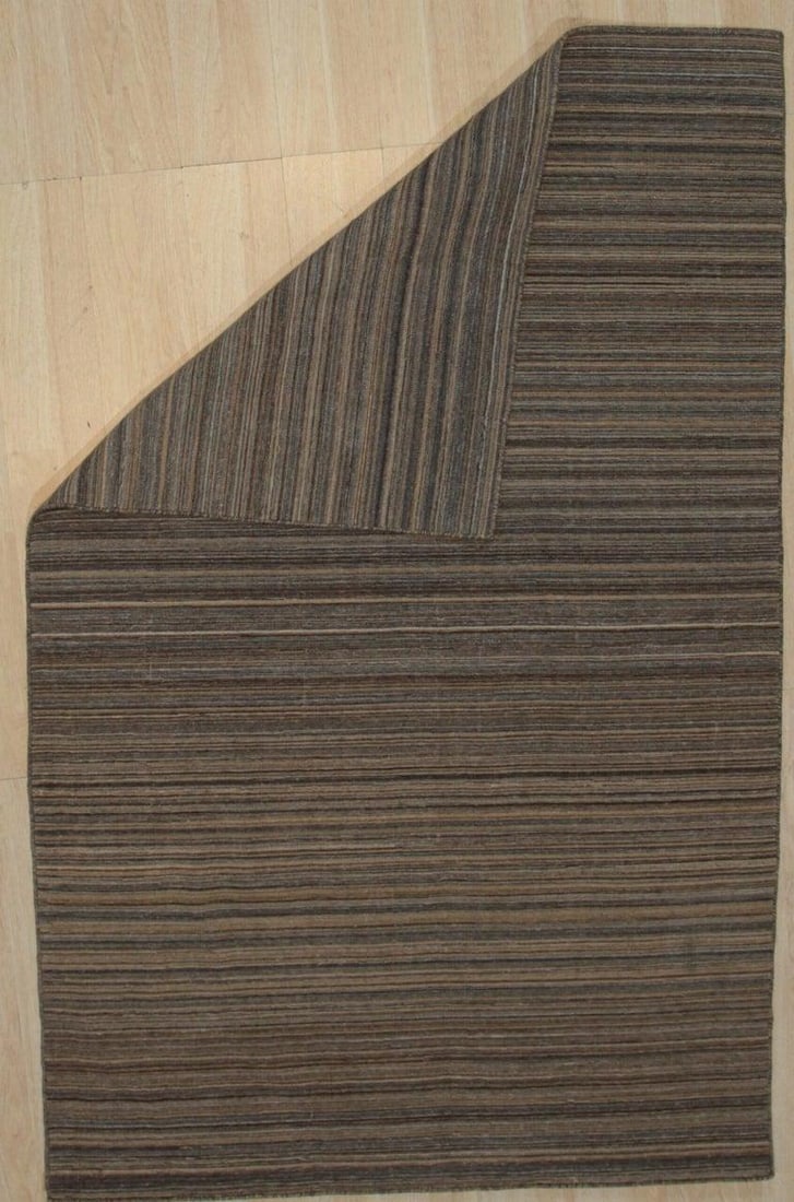 5x8 Brown Hand-Knotted Wool Striated Earth Tones Geometric Modern Carpet Rug - 3