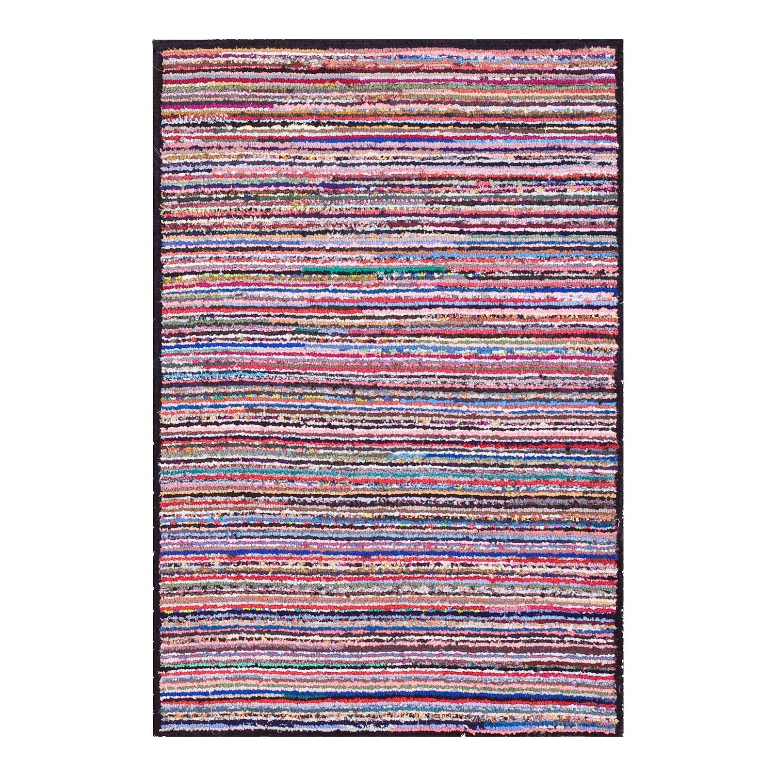 1920s Multicolor Stripe Antique American Hooked Rug 2'7" X 3'9" Handknotted Wool Carpet: Pair of American hooked rug, size: 2'7" x 3'9". Antique American Hooked Allover Geometric Rug, Circa Date: 1920s. This exceptional example of American folk art features the characteristic looped textu