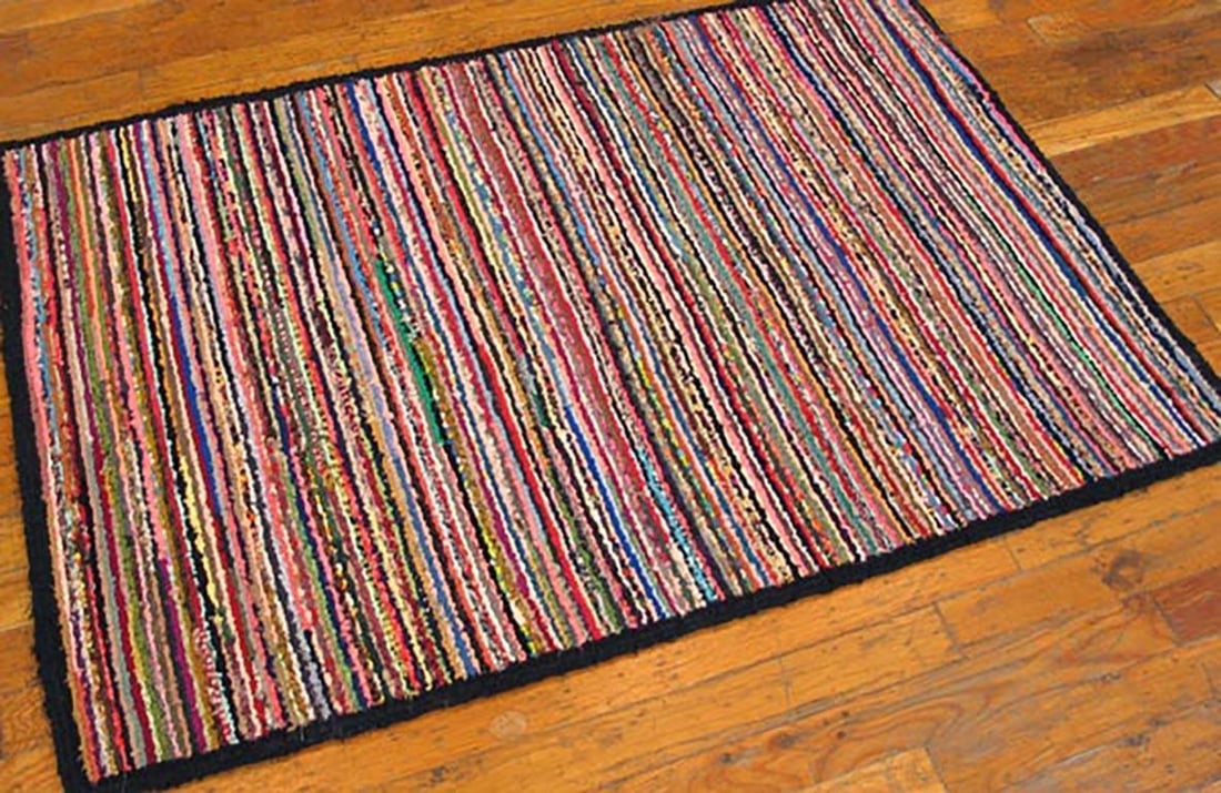 1920s Multicolor Stripe Antique American Hooked Rug 2'7" X 3'9" Handknotted Wool Carpet - 3