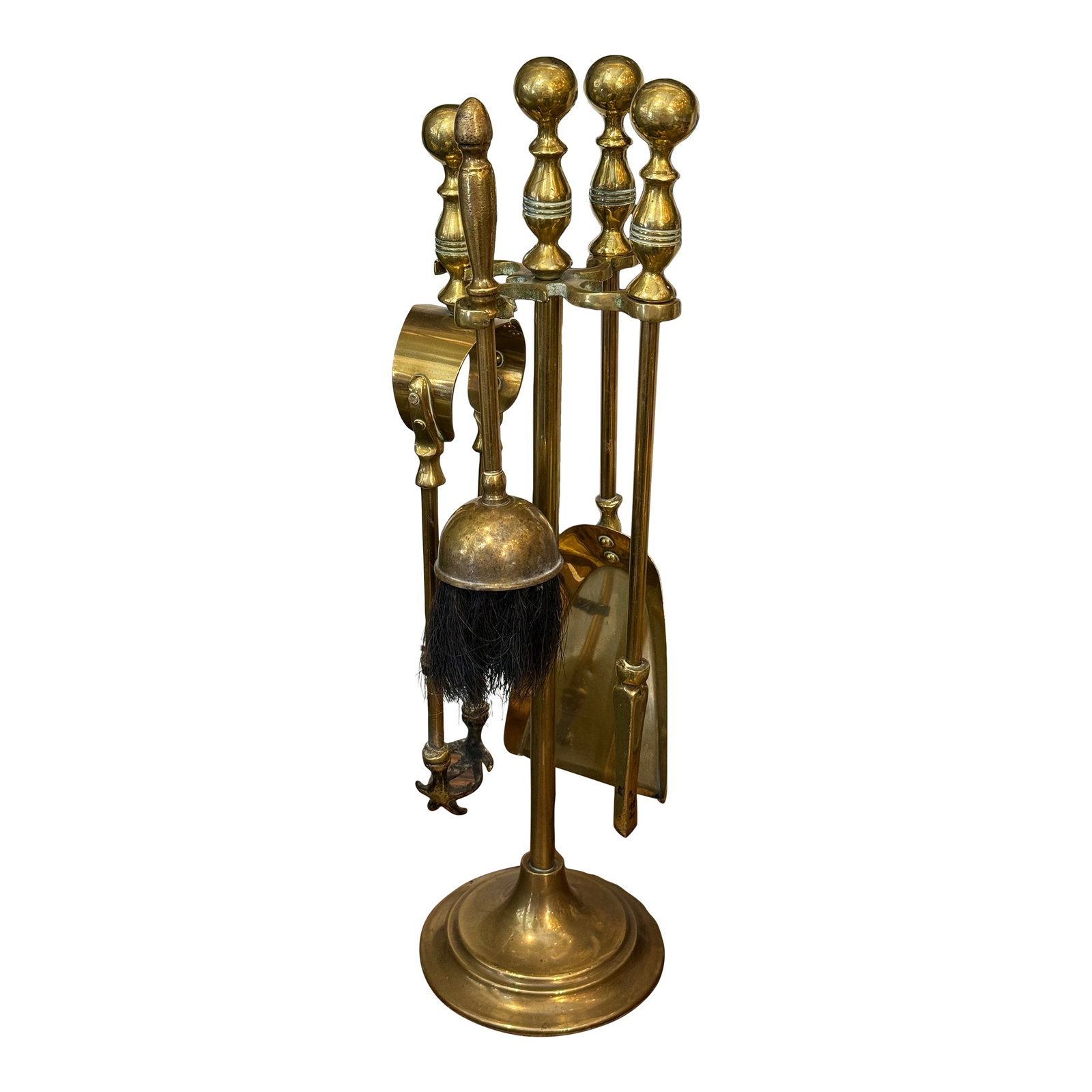 Neoclassical Small Brass Fire Tools Set, 1930s Eagle Claw: For sale is an attractive vintage brass companion set, featuring four essential fireplace tools. This set includes a sturdy stand, along with tongs, a brush, a pan and a poker, all crafted from brass 