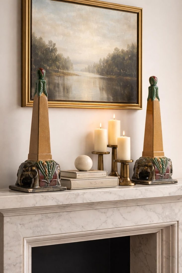 Pair 1930s Art Deco Egyptian Revival Elephant Obelisk Sculptures / Architectural Ceramic Bookends - - 2