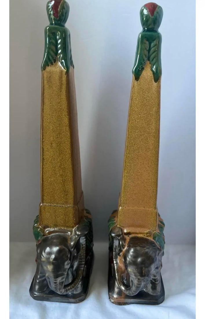 Pair 1930s Art Deco Egyptian Revival Elephant Obelisk Sculptures / Architectural Ceramic Bookends - - 5