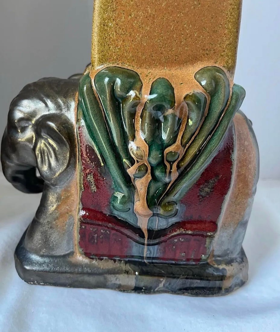 Pair 1930s Art Deco Egyptian Revival Elephant Obelisk Sculptures / Architectural Ceramic Bookends - - 6