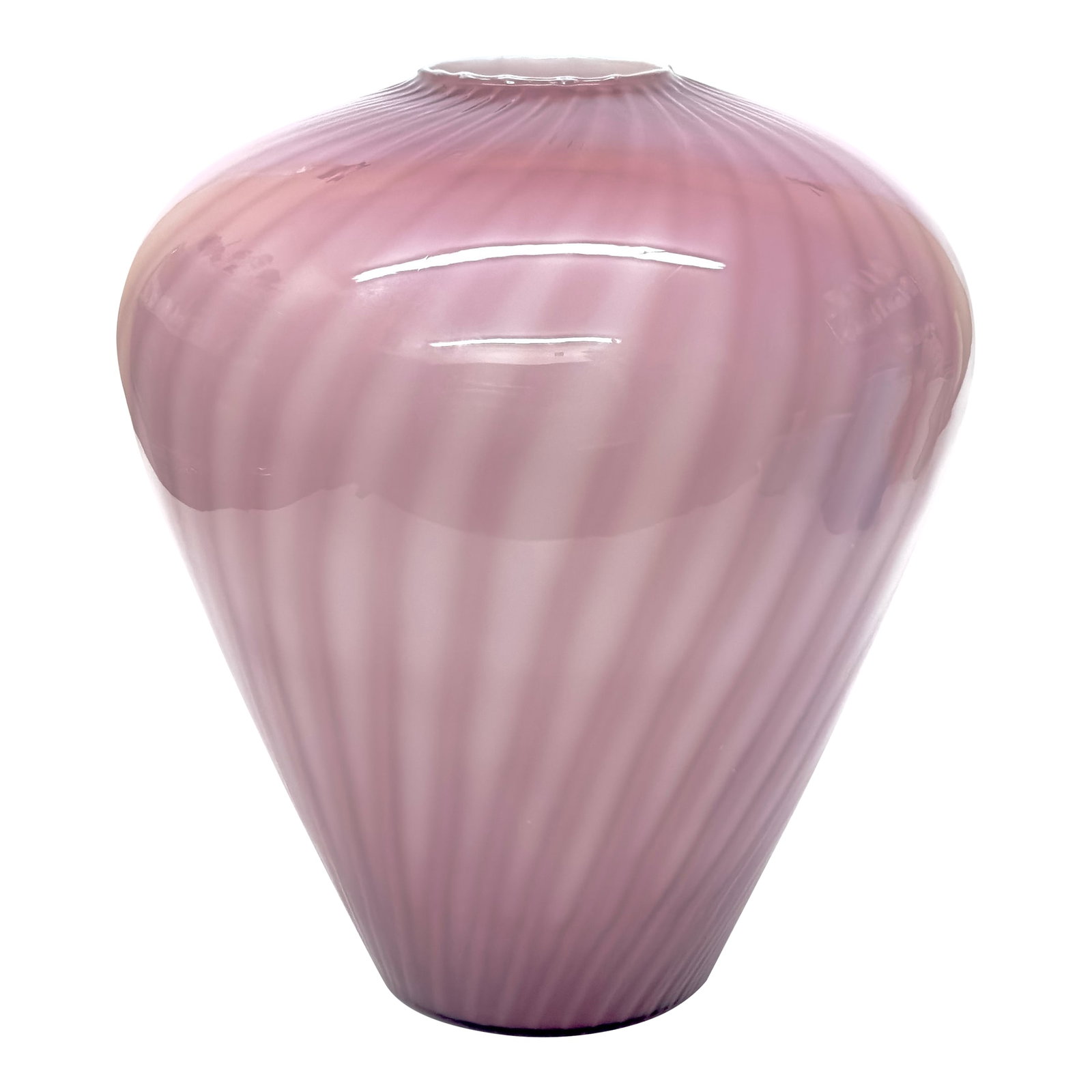 Oversized Striped Swirl Mauve-on-Mauve Glass Vase: This is a stunning mauve-purple swirl design, cased-glass, oversized vase. This handblown piece is attributed to Murano. Approx. Measurements : 15"W x 17"H Condition: Alterations: Original Condition