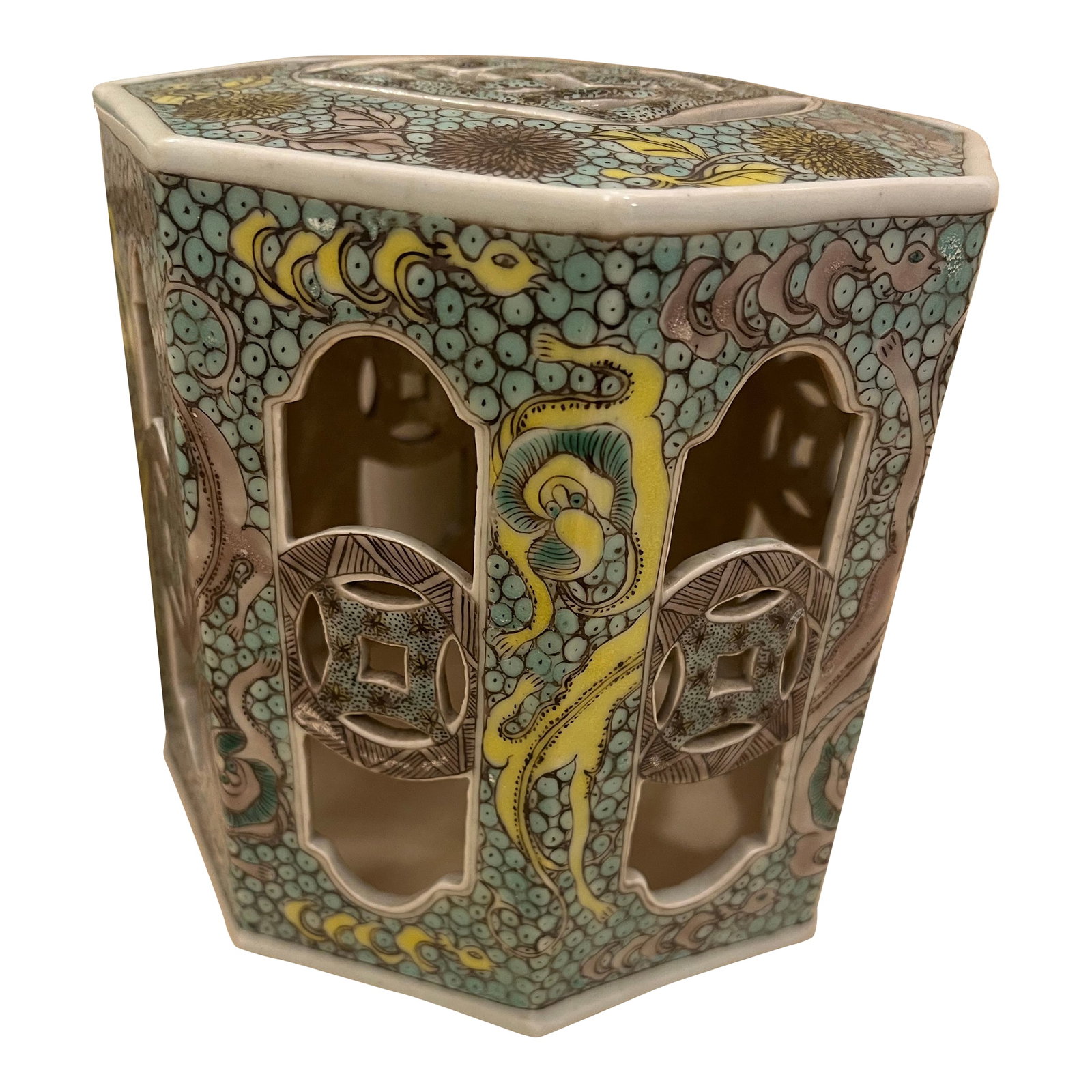 17th Century Beautiful Chinese Porcelain Incense Burner - Censer: A vintage Chinese decorative incense lantern, featuring an octagonal shape with openwork panels, a stylized dragon motif in yellow and green, and traditional coin symbols incorporated into its