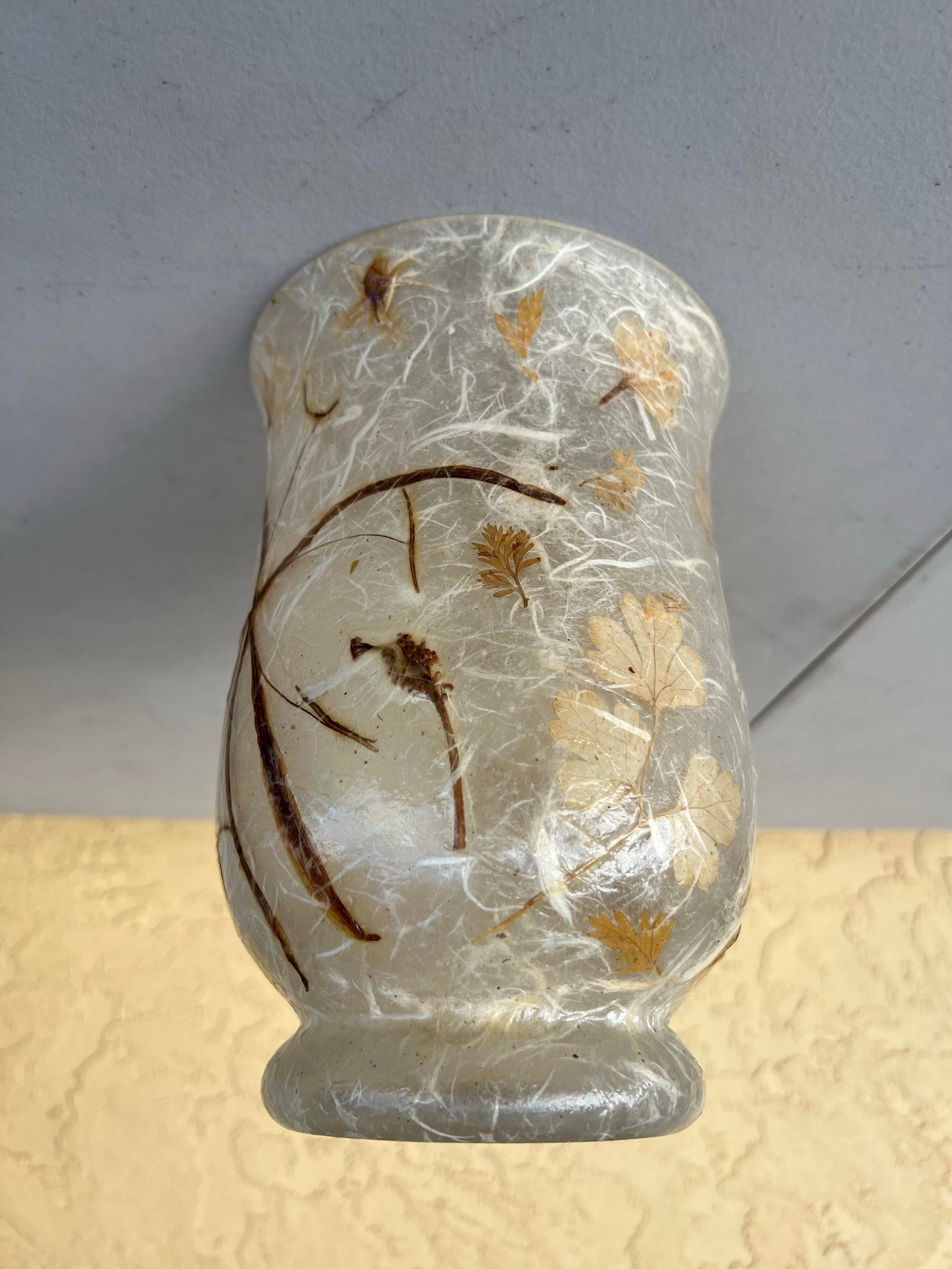 Vintage Glass Vase With Overlay Dried Flowers Signed - 2