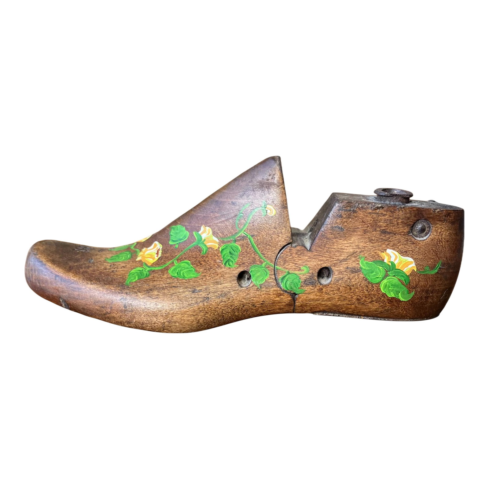 Vintage Nunn Bush Wooden Folk Art Decorated Shoe Form: This is a vintage wooden shoe form (also called a shoe last or shoe tree) that has been repurposed as a decorative item. It features hand-painted floral motifs and appears to be an antique cobbler's t