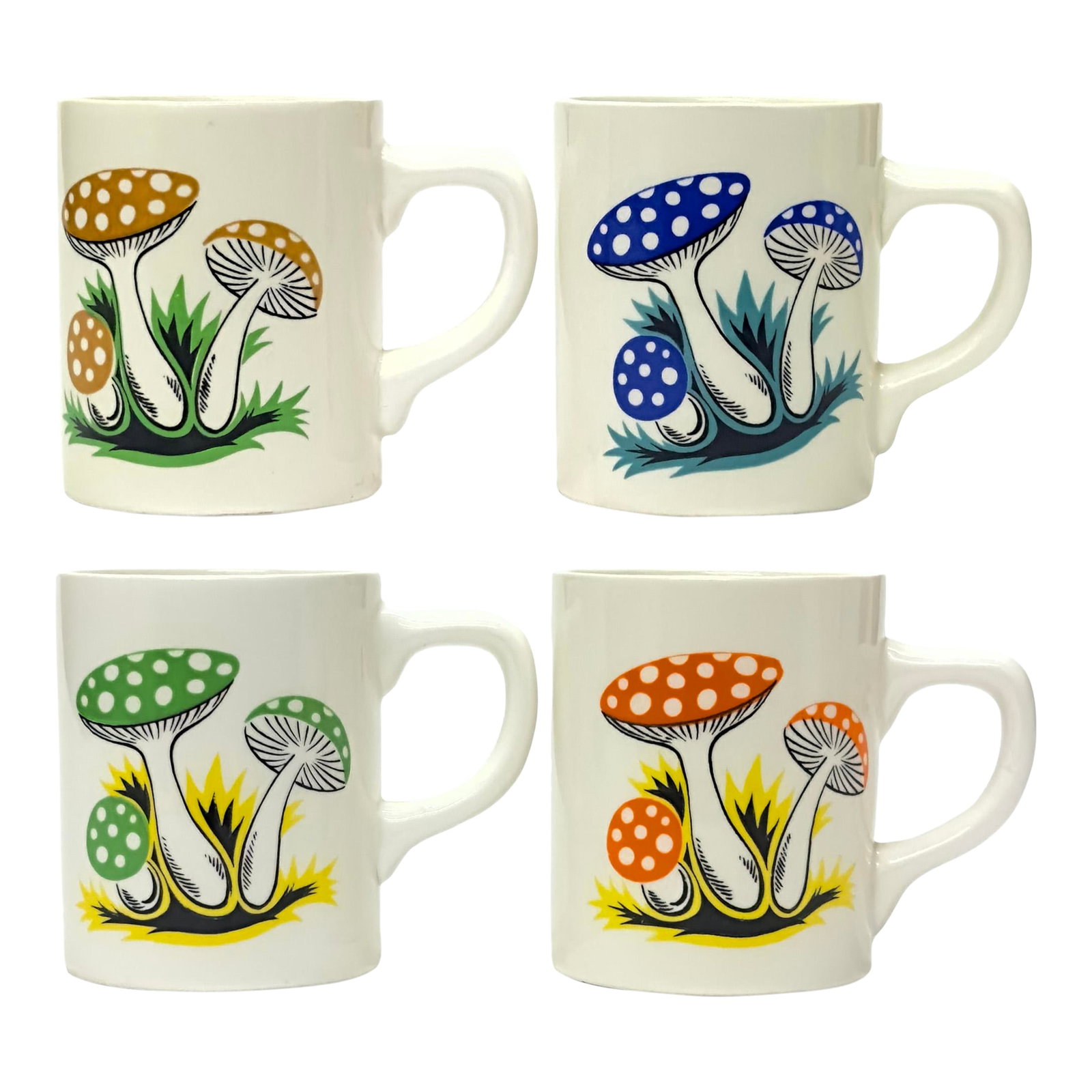 Vintage Colorful Bone China Mugs With Illustrative Mushroom Motif, Made in Japan - Set of 4: Mushroom print mugs, group of 4. An eccentric set of matching multi-colored mushroom mugs with orange, green, yellow, green, and blue accents on a white base. Made in Japan. Height: 3.5" Width: 2.75"