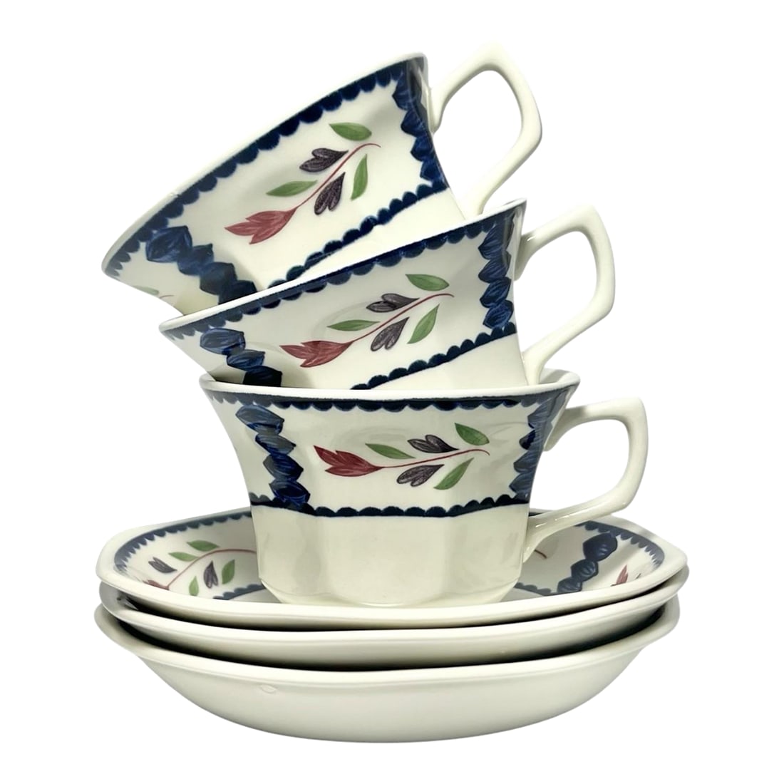 1990s Adams "Lancaster" Ironstone Tea Cups & Saucers - Set of 3: Adams "Lancaster" Set of 3 Ironstone Tea Cups 2 5/8" 6oz & Saucers 5 3/4" Good vintage condition. No chips, cracks, or fleabites. Tea Cup Length (Rim to Handle) 4 1/2" Width (Opening) 3 3/4" Height 2