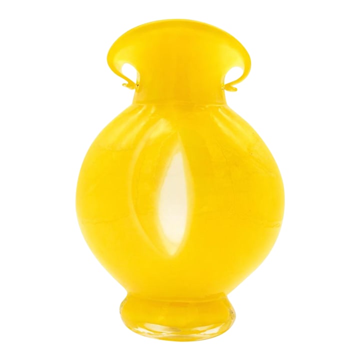 Vintage Hand-Blown Canary Yellow Art Glass Vase - Sculptural Studio Piece: A striking hand-blown art glass vase in saturated canary yellow, featuring a voluptuous sculptural form and beautifully flared rim. The glass is thick and substantial, with a polished pontil on the