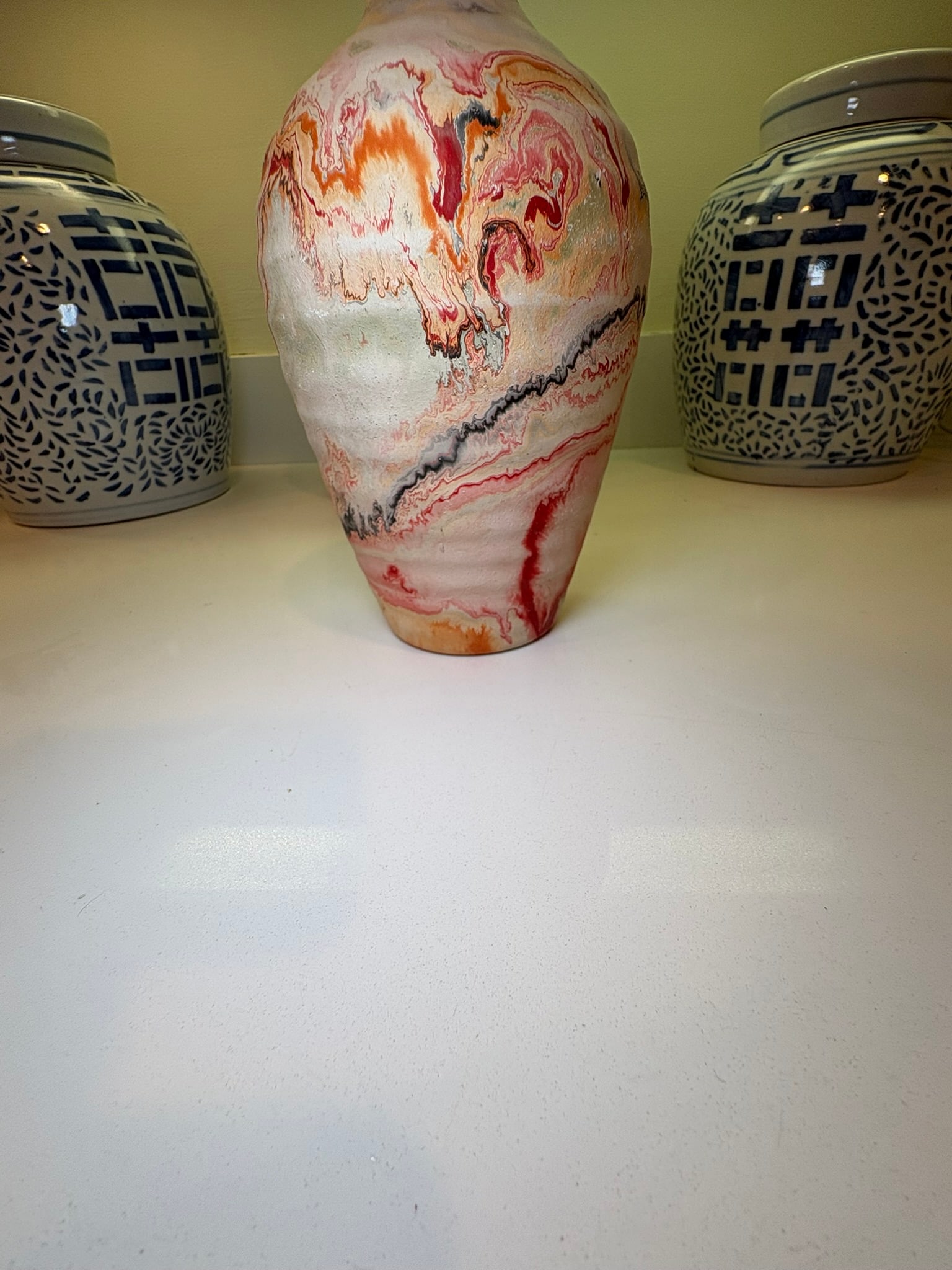 Boho Chic Nemadji Swirl Vase in Red Orange & Gray Studio Pottery - 10