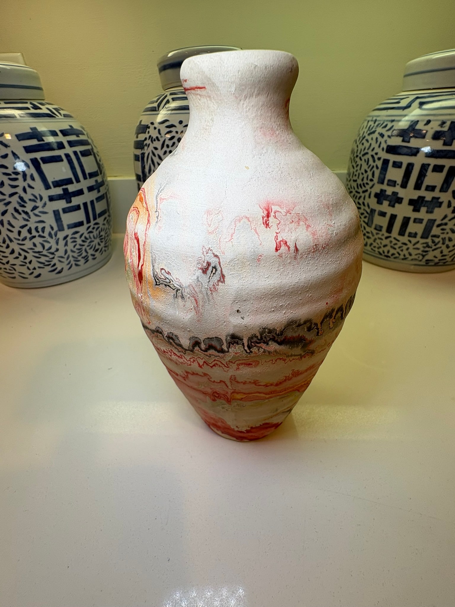Boho Chic Nemadji Swirl Vase in Red Orange & Gray Studio Pottery - 11