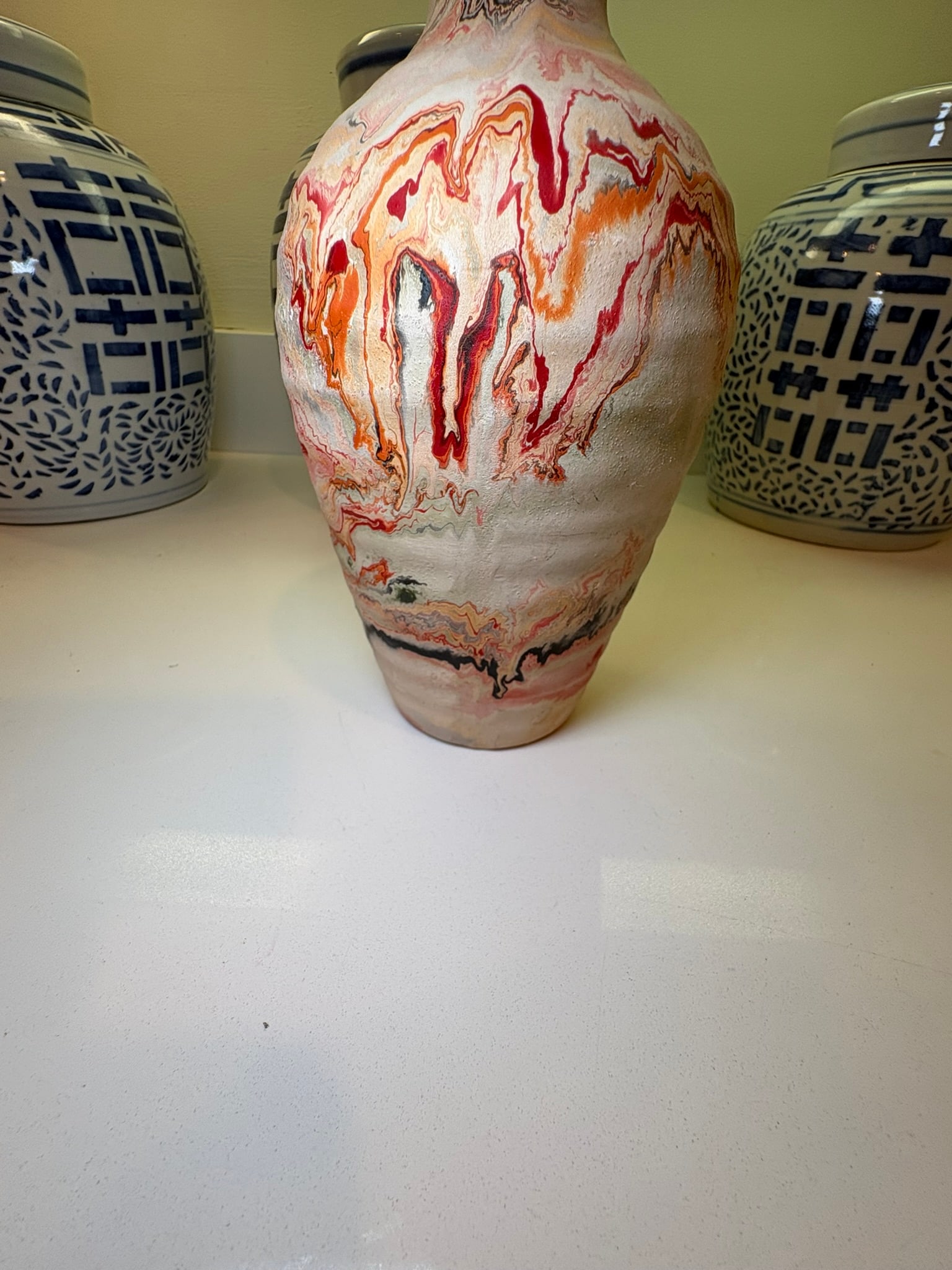 Boho Chic Nemadji Swirl Vase in Red Orange & Gray Studio Pottery - 12