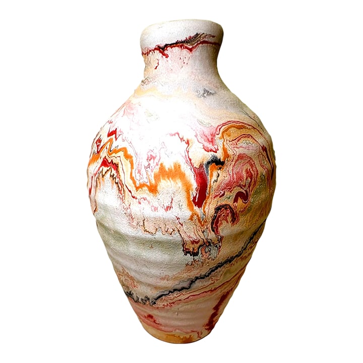 Boho Chic Nemadji Swirl Vase in Red Orange & Gray Studio Pottery: Boho Chic Nemadji Pottery Swirl Vase In Red Orange & Gray Kindly note photo number two (2) is a digital rendering created for inspiration to show how this item may look styled in a room. All other