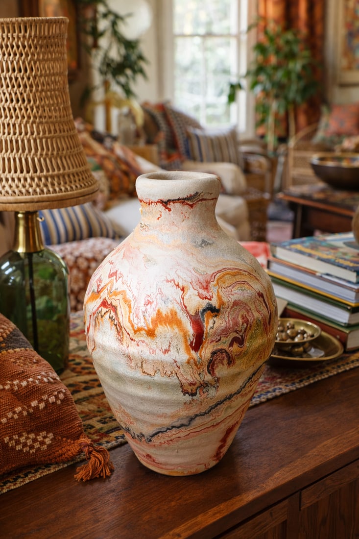 Boho Chic Nemadji Swirl Vase in Red Orange & Gray Studio Pottery - 2