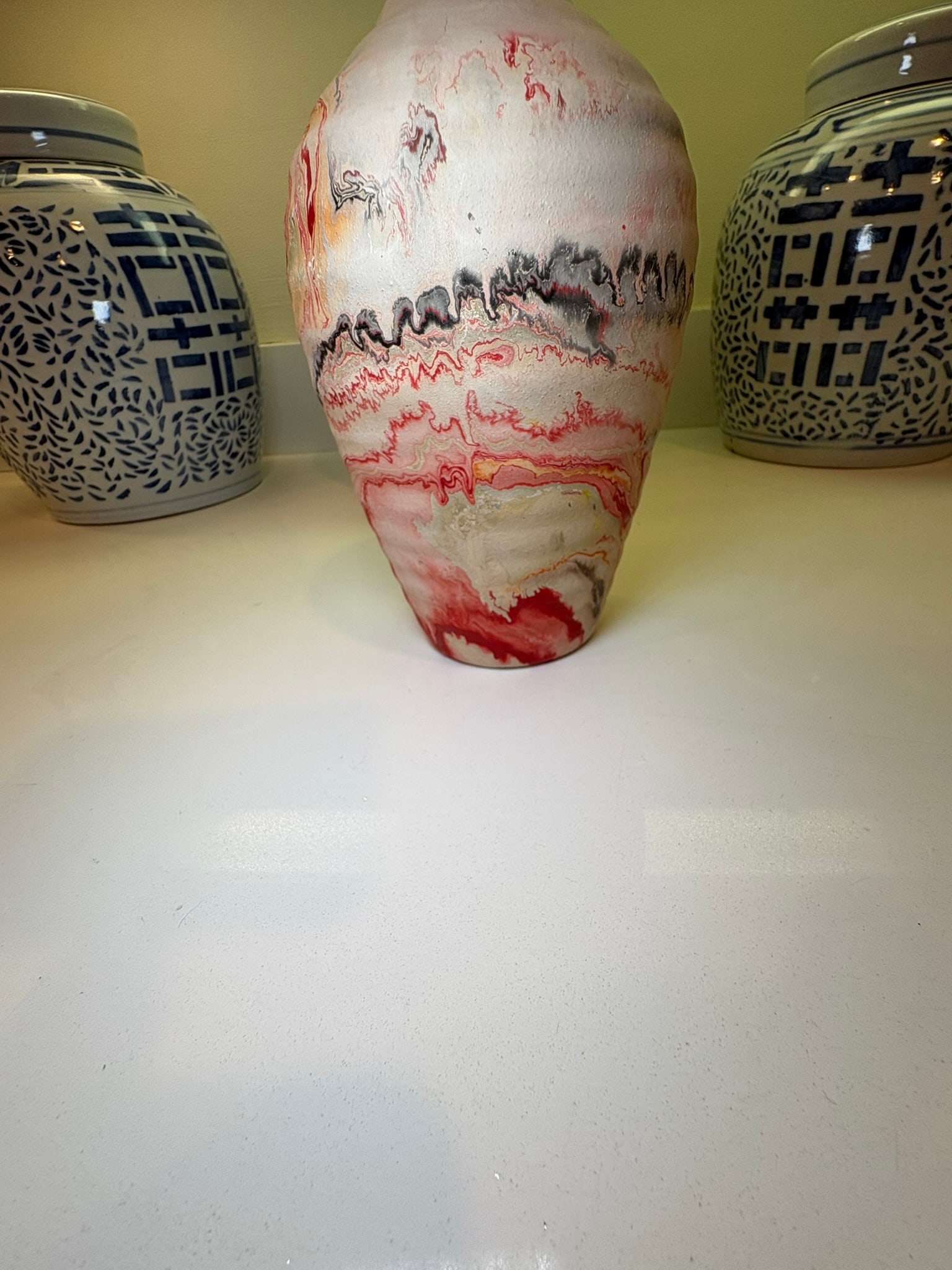 Boho Chic Nemadji Swirl Vase in Red Orange & Gray Studio Pottery - 5
