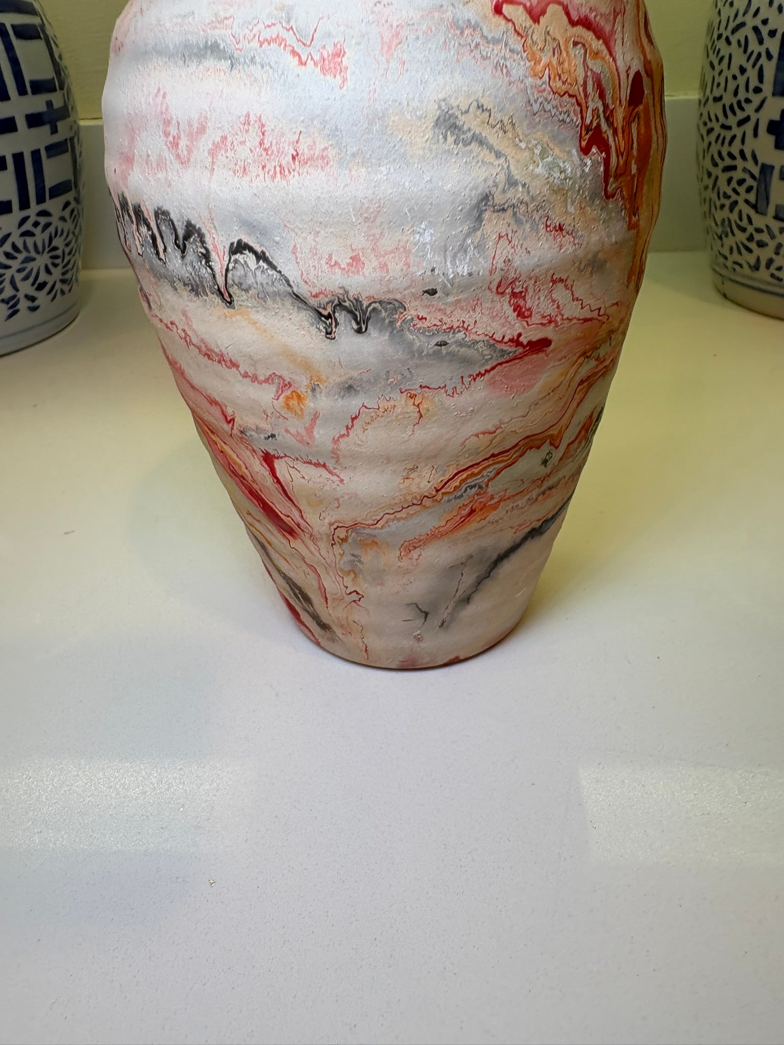 Boho Chic Nemadji Swirl Vase in Red Orange & Gray Studio Pottery - 6