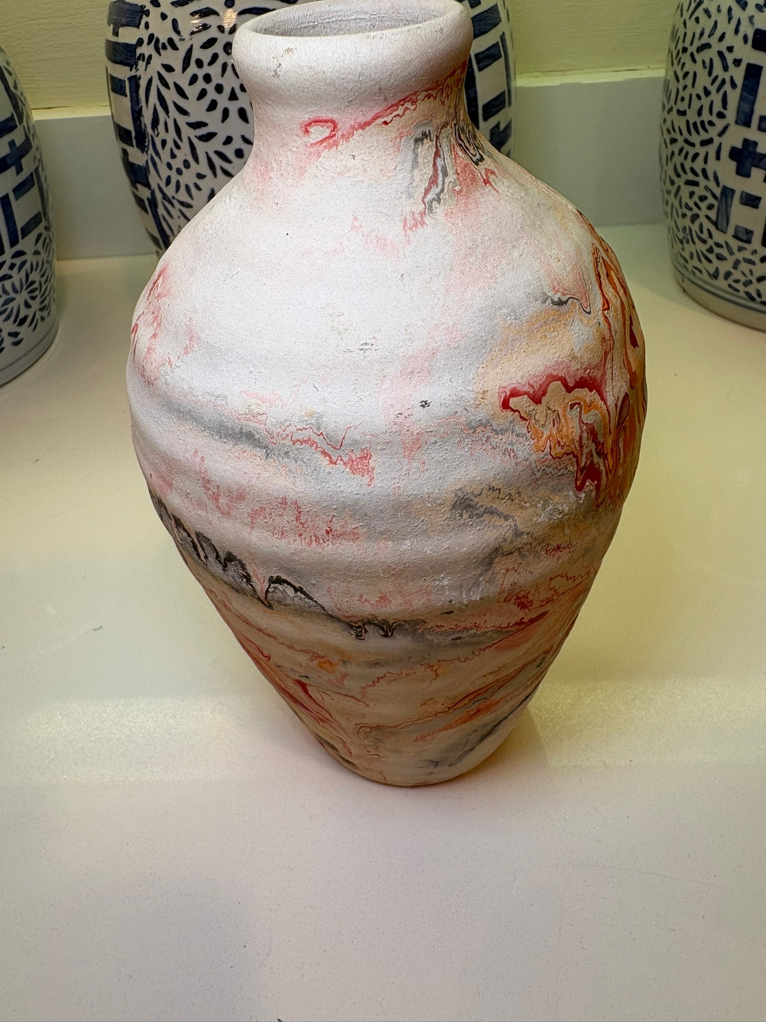 Boho Chic Nemadji Swirl Vase in Red Orange & Gray Studio Pottery - 7