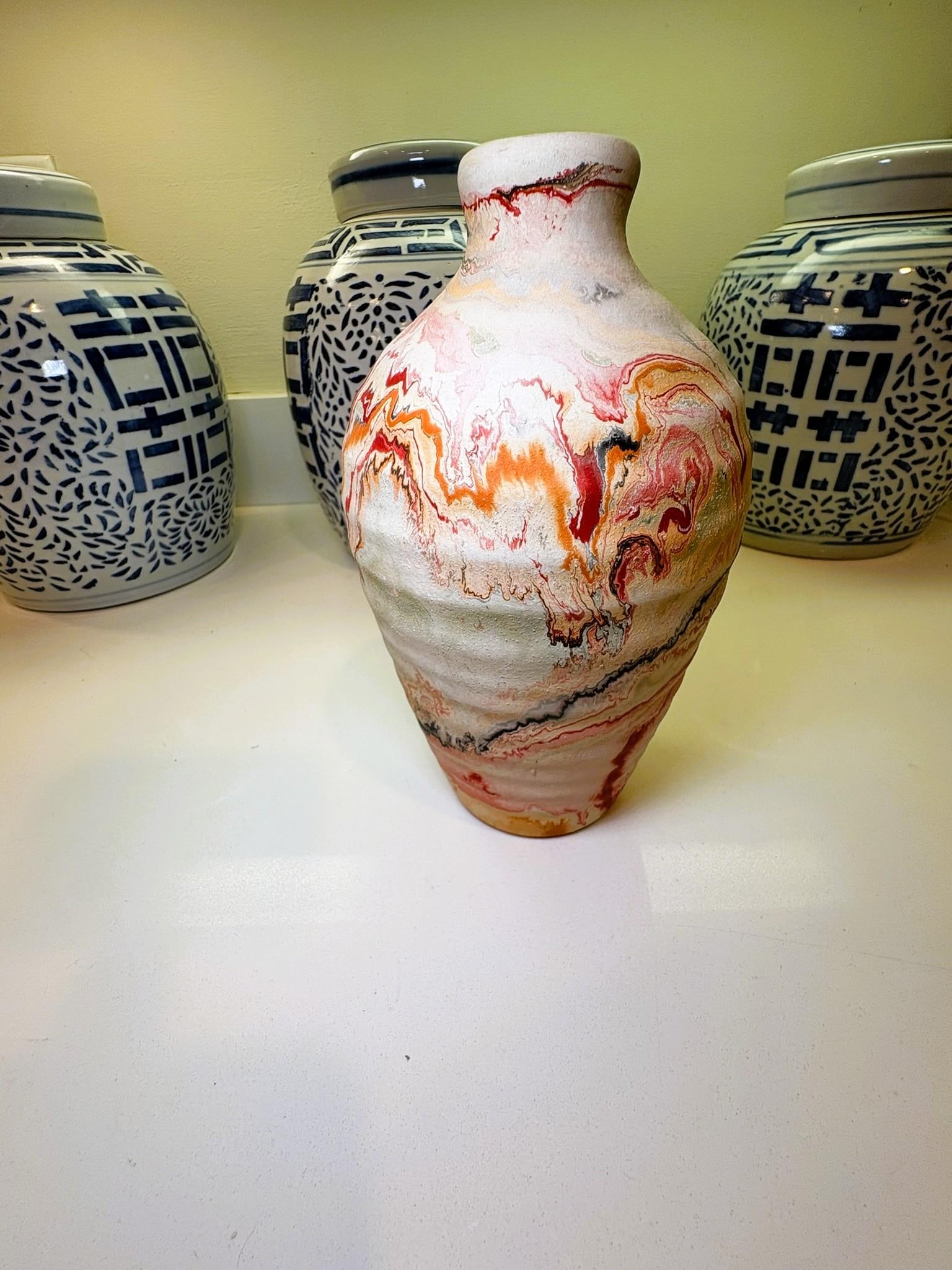 Boho Chic Nemadji Swirl Vase in Red Orange & Gray Studio Pottery - 8