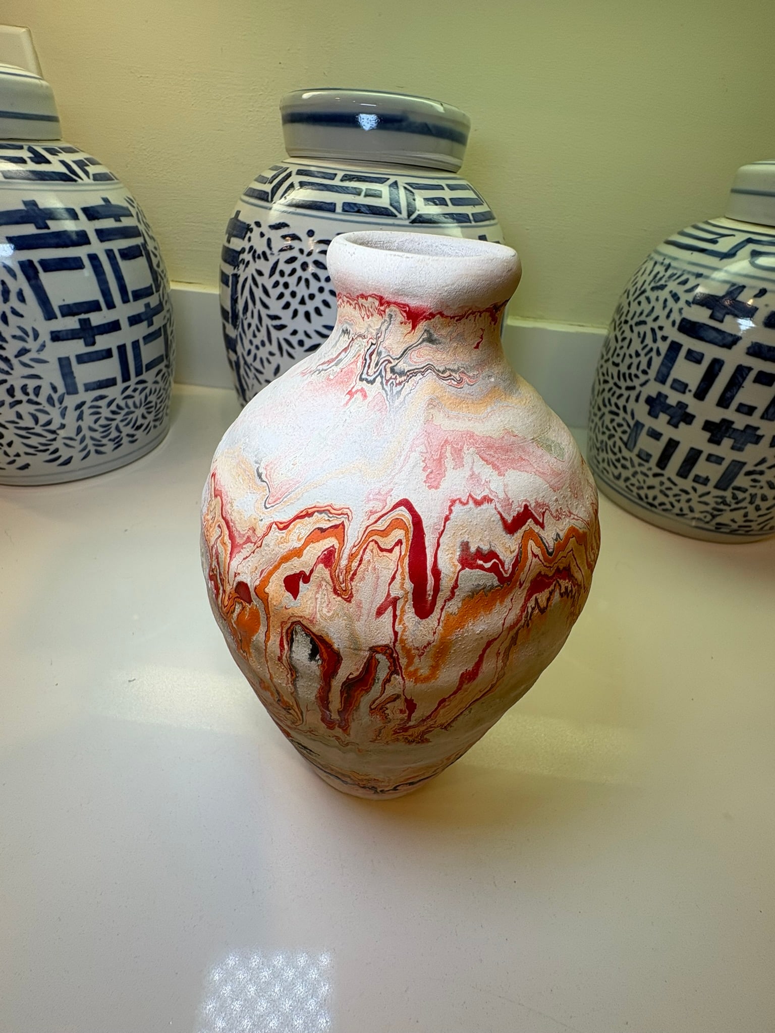 Boho Chic Nemadji Swirl Vase in Red Orange & Gray Studio Pottery - 9