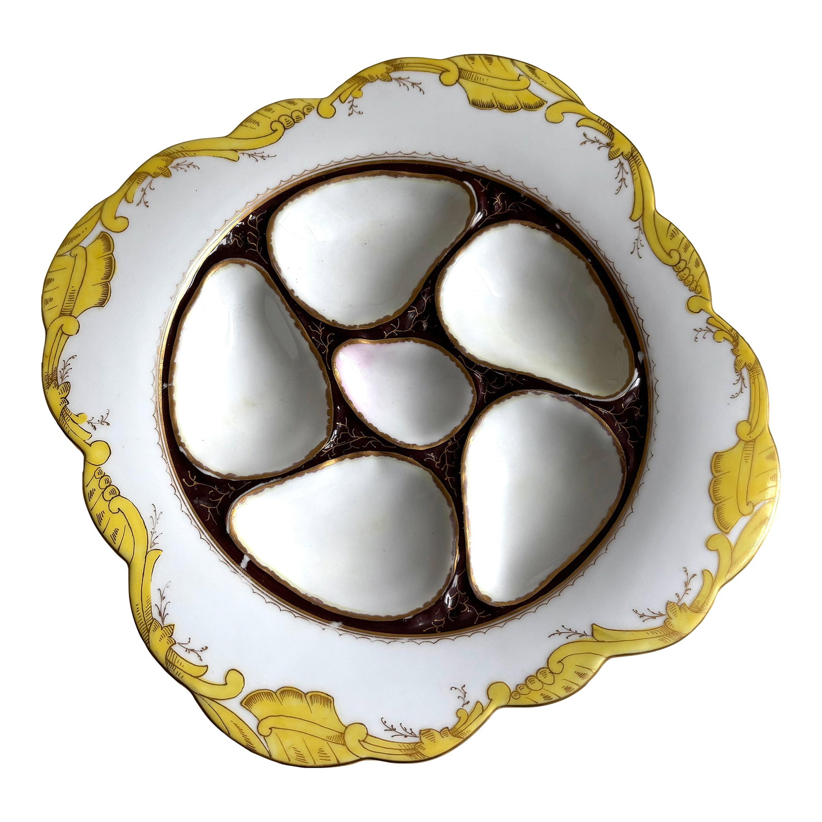 Antique German Porcelain Oyster Plate - Hand-Painted, Yellow & Gold Trim, C. 1890-1910: Add a refined touch to your table or display cabinet with this exquisite antique oyster plate, made in Germany circa 1890-1910. This rare collectible features five oyster wells and a central sauce wel