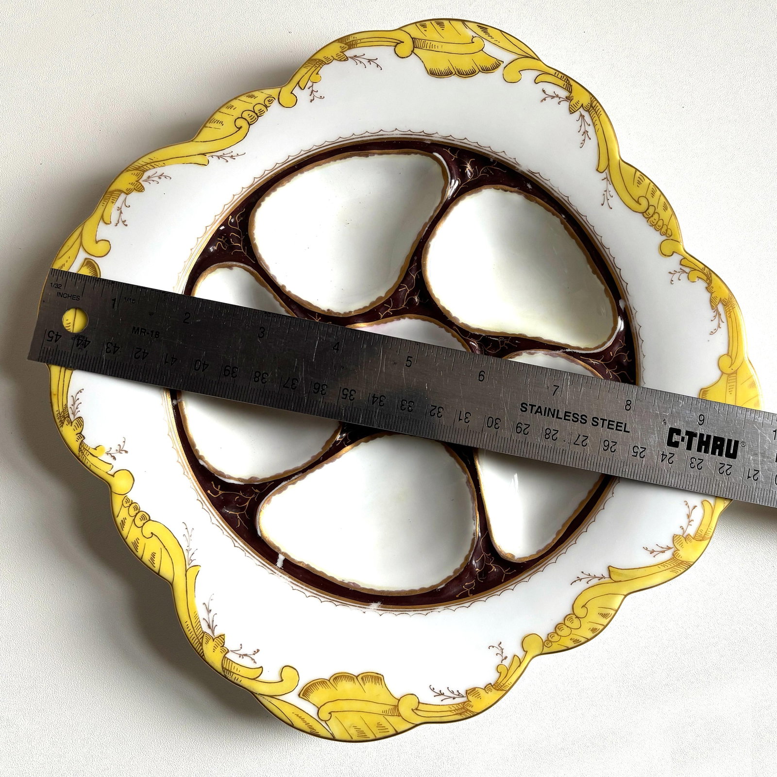 Antique German Porcelain Oyster Plate - Hand-Painted, Yellow & Gold Trim, C. 1890-1910 - 3