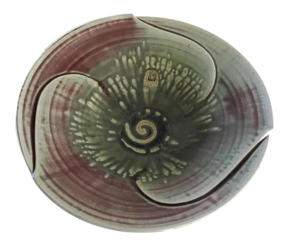 1980s Artisan Pottery Large Lotus Bowl: Artisan gallery quality pottery. Large decorative bowl is a form of a lotus flower. Asian style. The bowl has an artist stamp. White spots on the bottom are crystalline glaze. 15.25" X 15.25" X 4"H.