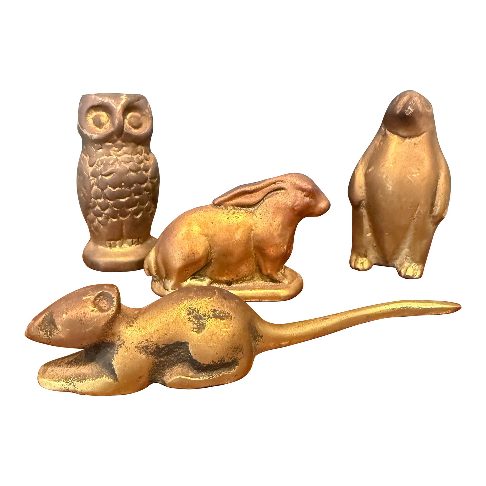 Vintage Brass Animal Figurines - Set of 4 (Rabbit, Owl, Mouse & Penguin): Charming vintage solid brass animal figurines sold as a curated set of four, including a rabbit, owl, mouse, and penguin. Each piece is cast in solid brass with a warm, aged patina and simple