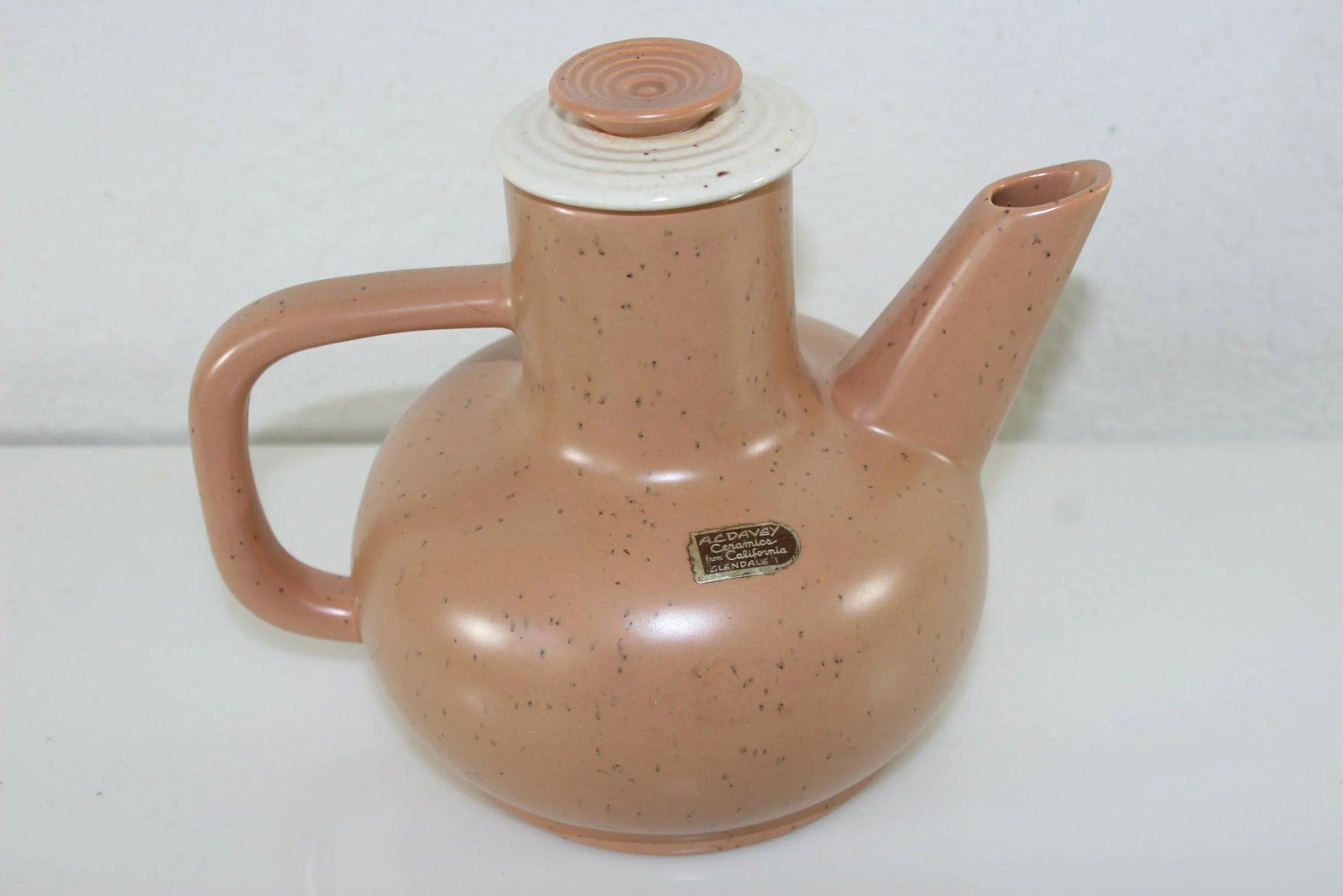 Vintage California Pottery a.c. Davey Handcrafted Tan & Ivory Carafe With Lid - 4