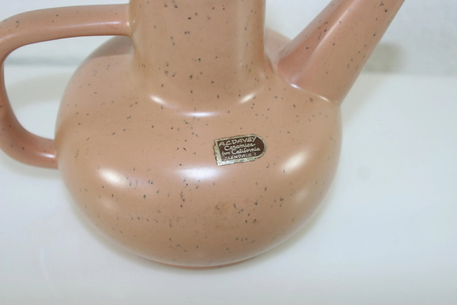 Vintage California Pottery a.c. Davey Handcrafted Tan & Ivory Carafe With Lid - 6