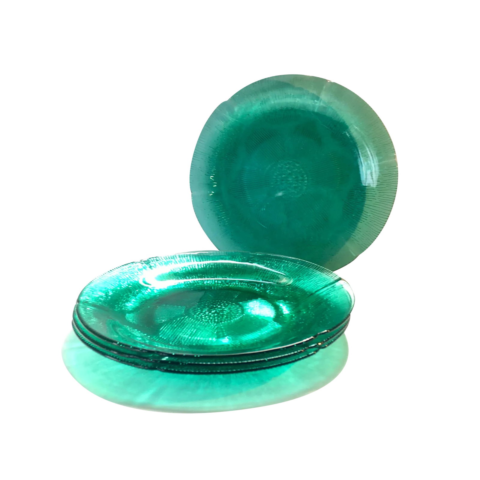 Vintage Forte Crisa Green Glass Plates- Set of 4: A beautiful set of clear textured green dinner plates with a central abstract floral medallion and a line work border. Ships within 1-2 days using USPS. Arrives within 2-5 business days after receivin