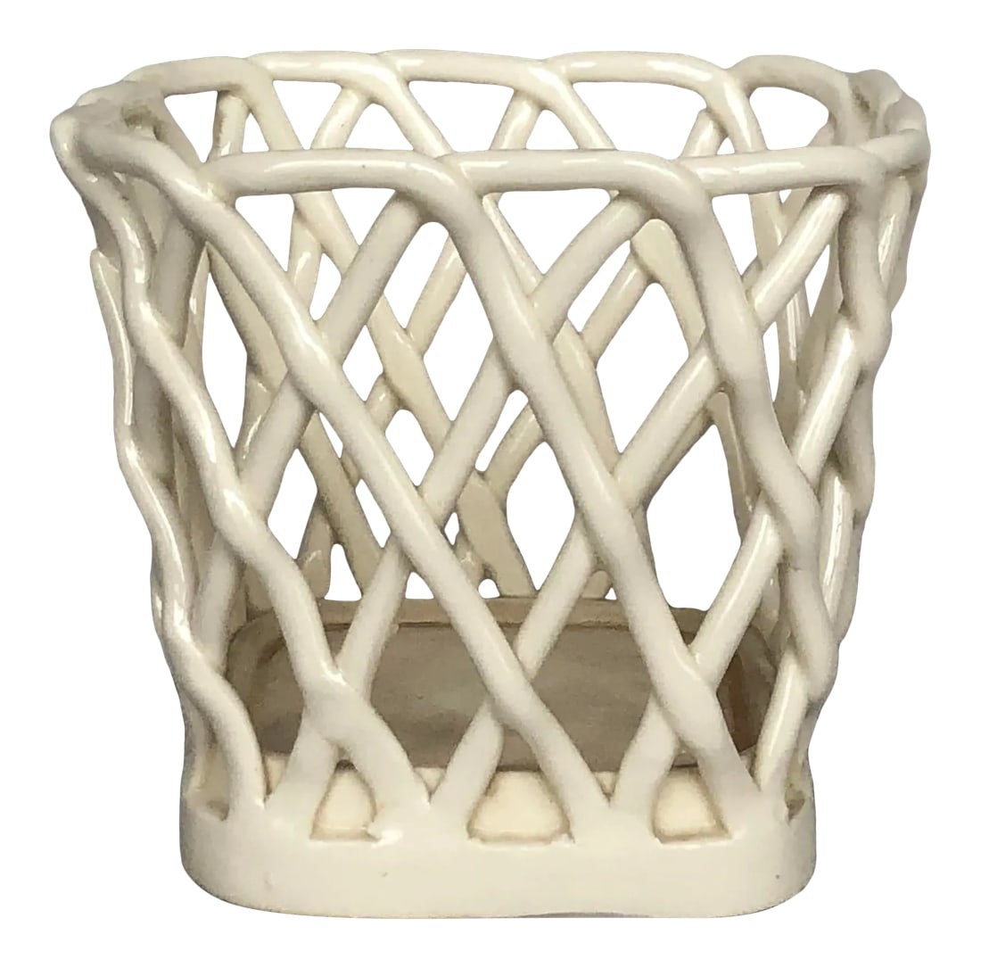 Vintage Woven Lattice Decorative Ceramic Basket Napkin Holder: Made in Germany for the American importing company Ebeling and Reuss, this vintage decorative basket is woven from ceramic porcelain into a lattice design. The vintage pottery basket would make an int