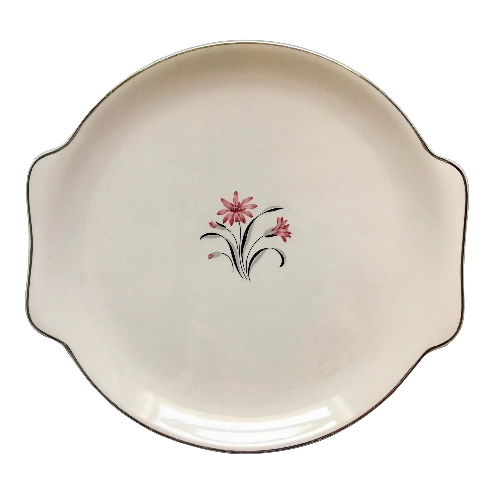 Vintage Pink Floral Handled Serving Platter: A subtly beautiful silver trimmed serving platter portraying a sprig of coral pink stylized daisies with dark grey foliage on a background of white in a simple ceramic handled art deco shape. Made by
