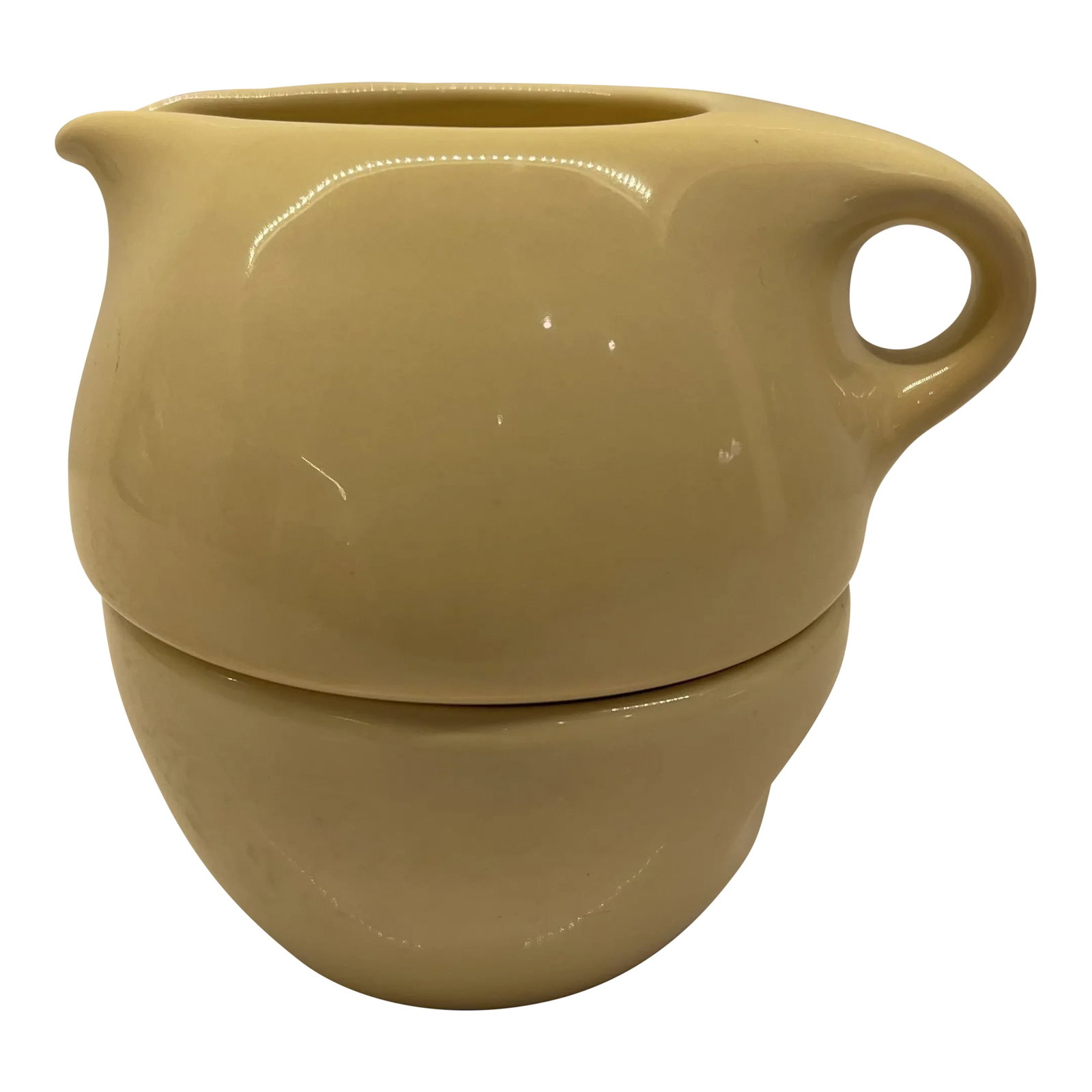 1940s Russel Wright Creamer & Sugar Set- 2 Pieces: Manufactured by Iroquois China Co., Syracuse, NY. Russel Wright Casual China Dinnerware 1940's Mid Century Modern Classic Design. Stacking creamer and sugar set. Creamer with handle 5" x 2.75" high,