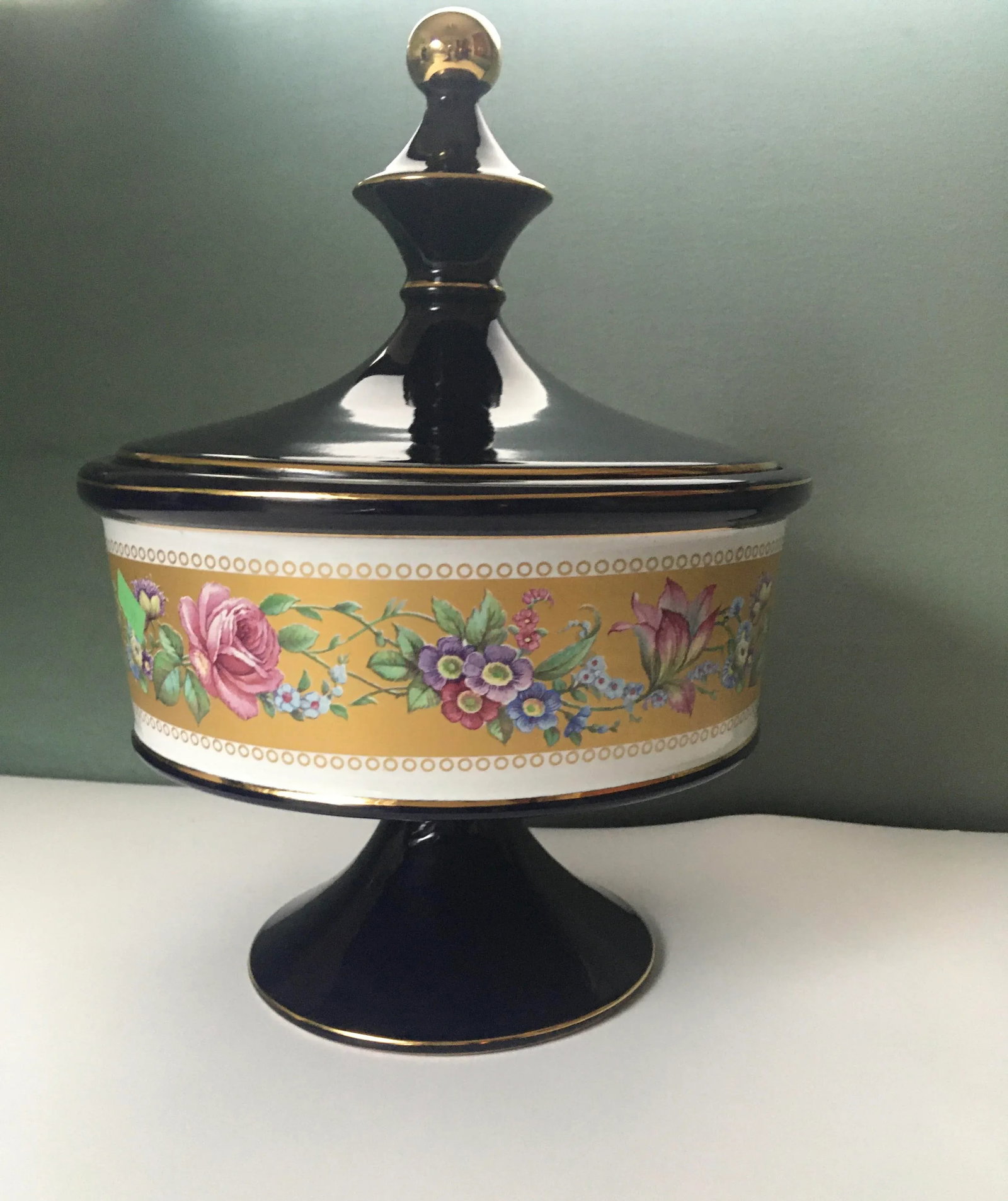 Italian Cobalt Blue Gold Floral Banded Footed Dish - 2