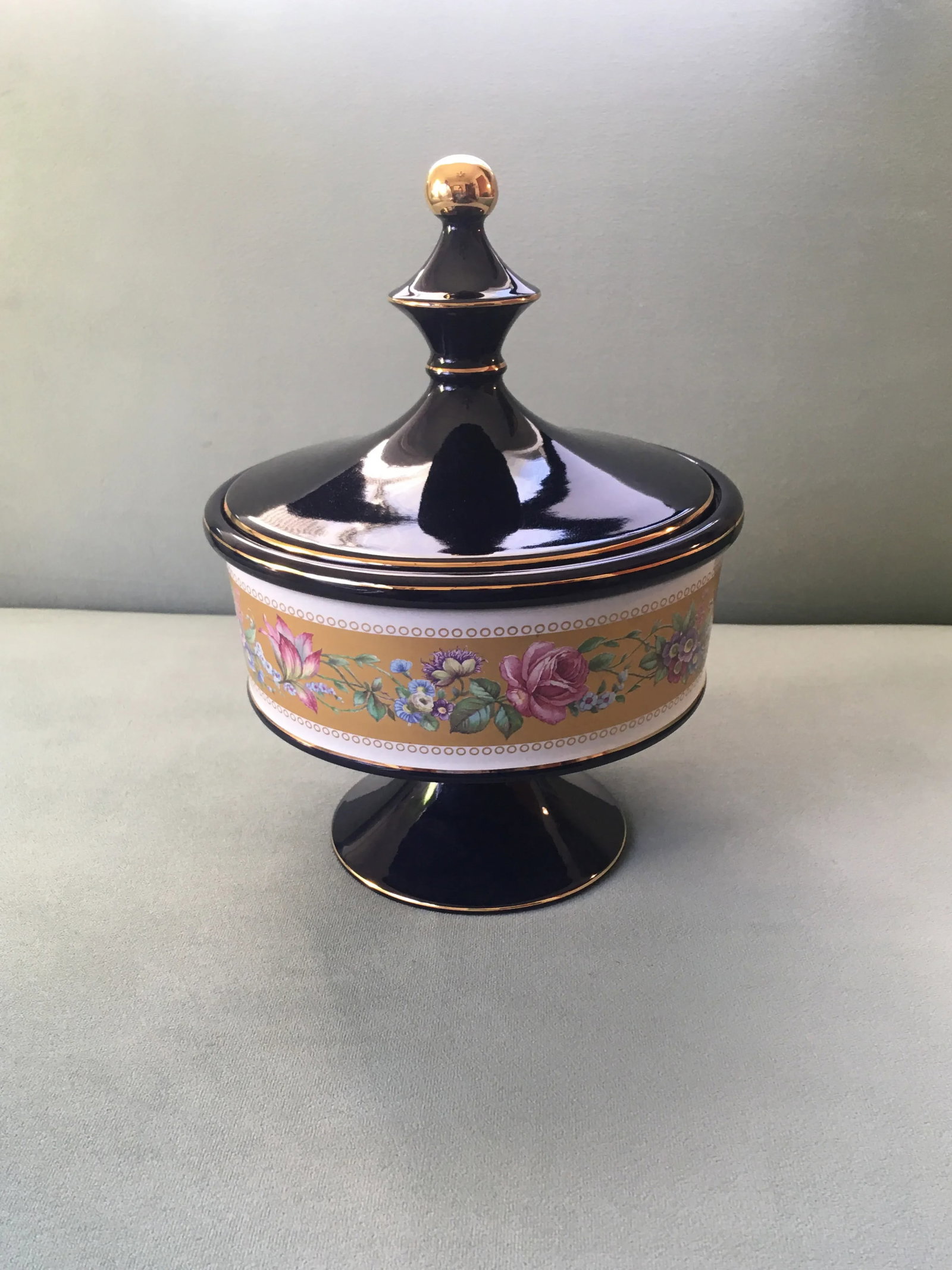 Italian Cobalt Blue Gold Floral Banded Footed Dish - 4