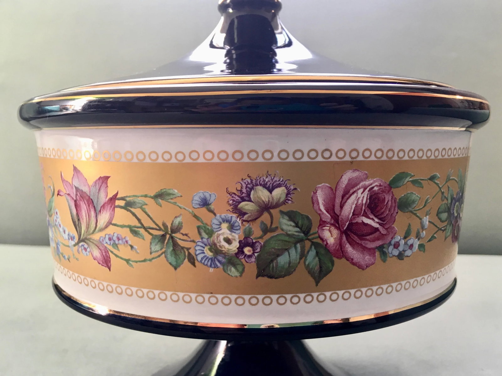 Italian Cobalt Blue Gold Floral Banded Footed Dish - 5