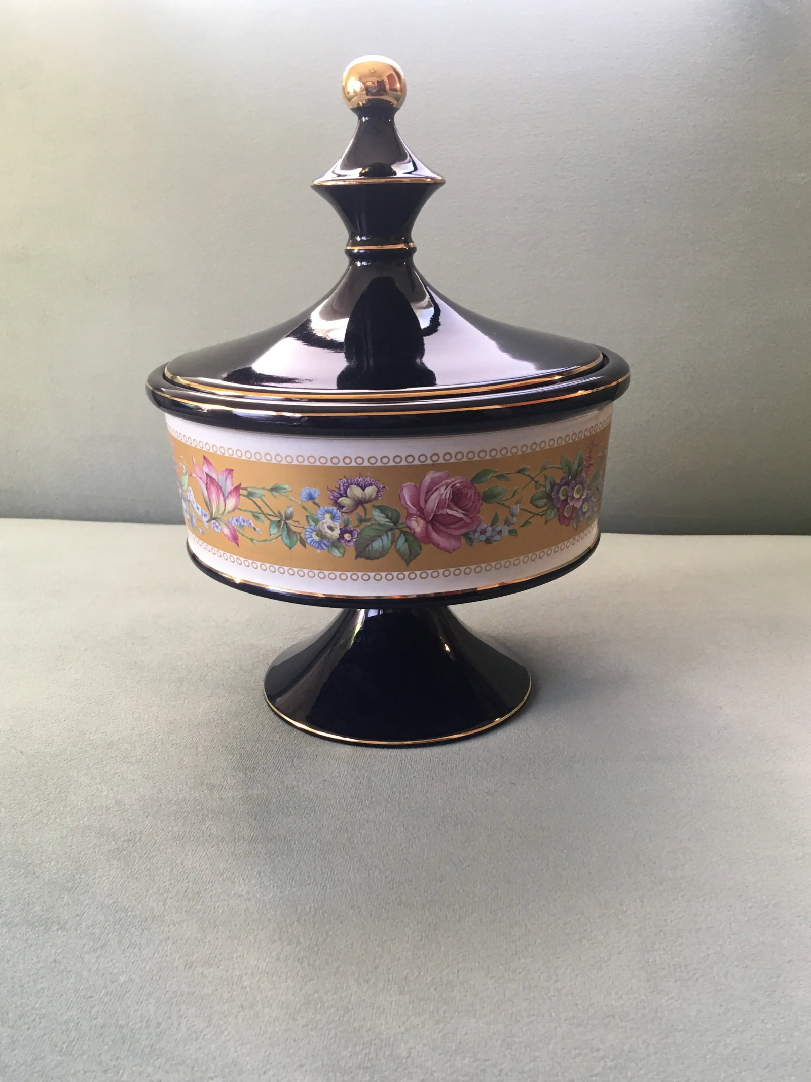 Italian Cobalt Blue Gold Floral Banded Footed Dish - 6