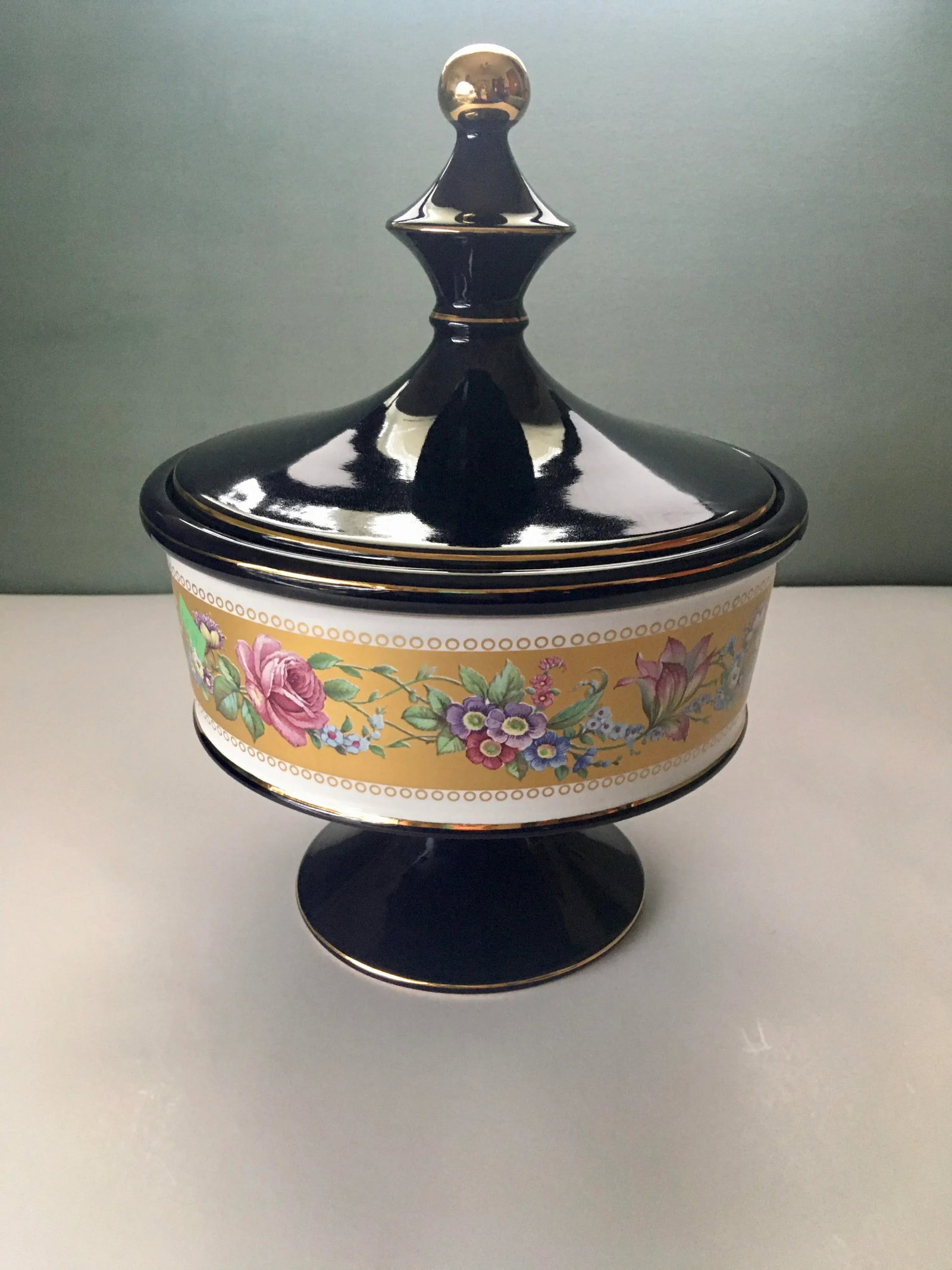 Italian Cobalt Blue Gold Floral Banded Footed Dish - 8