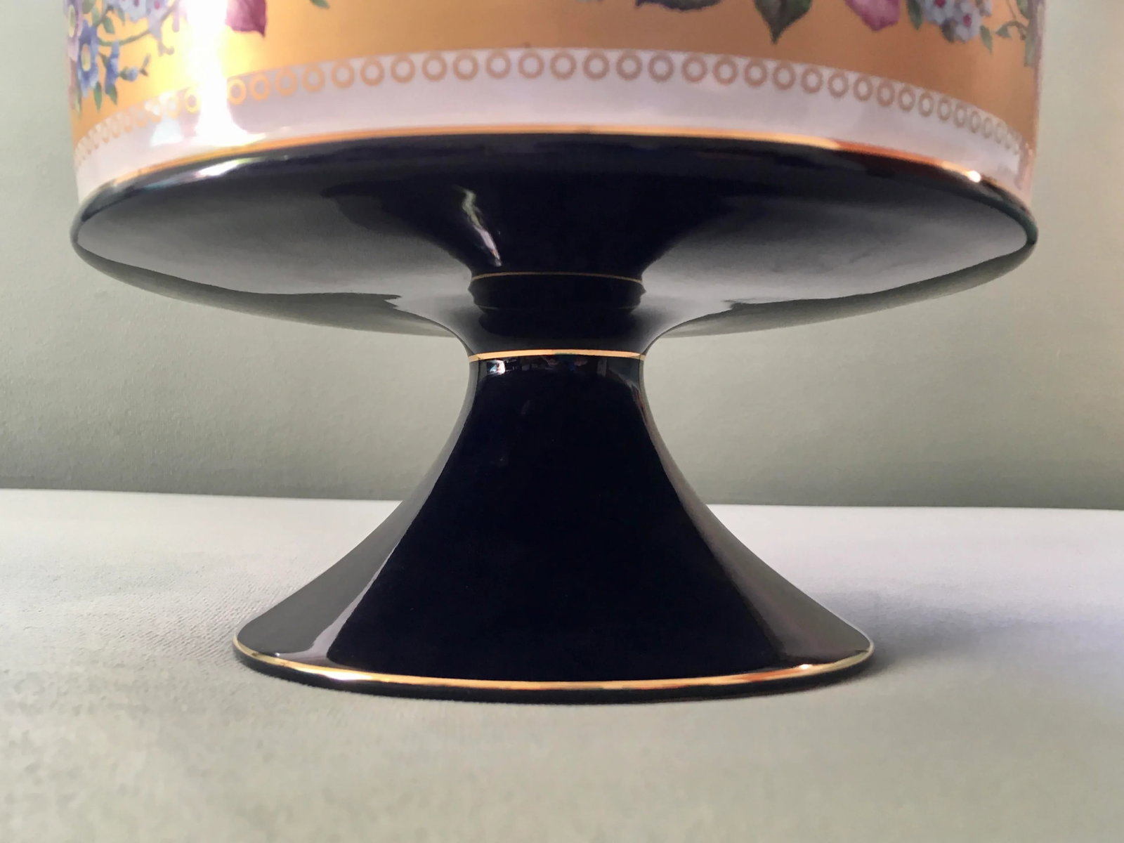Italian Cobalt Blue Gold Floral Banded Footed Dish - 9