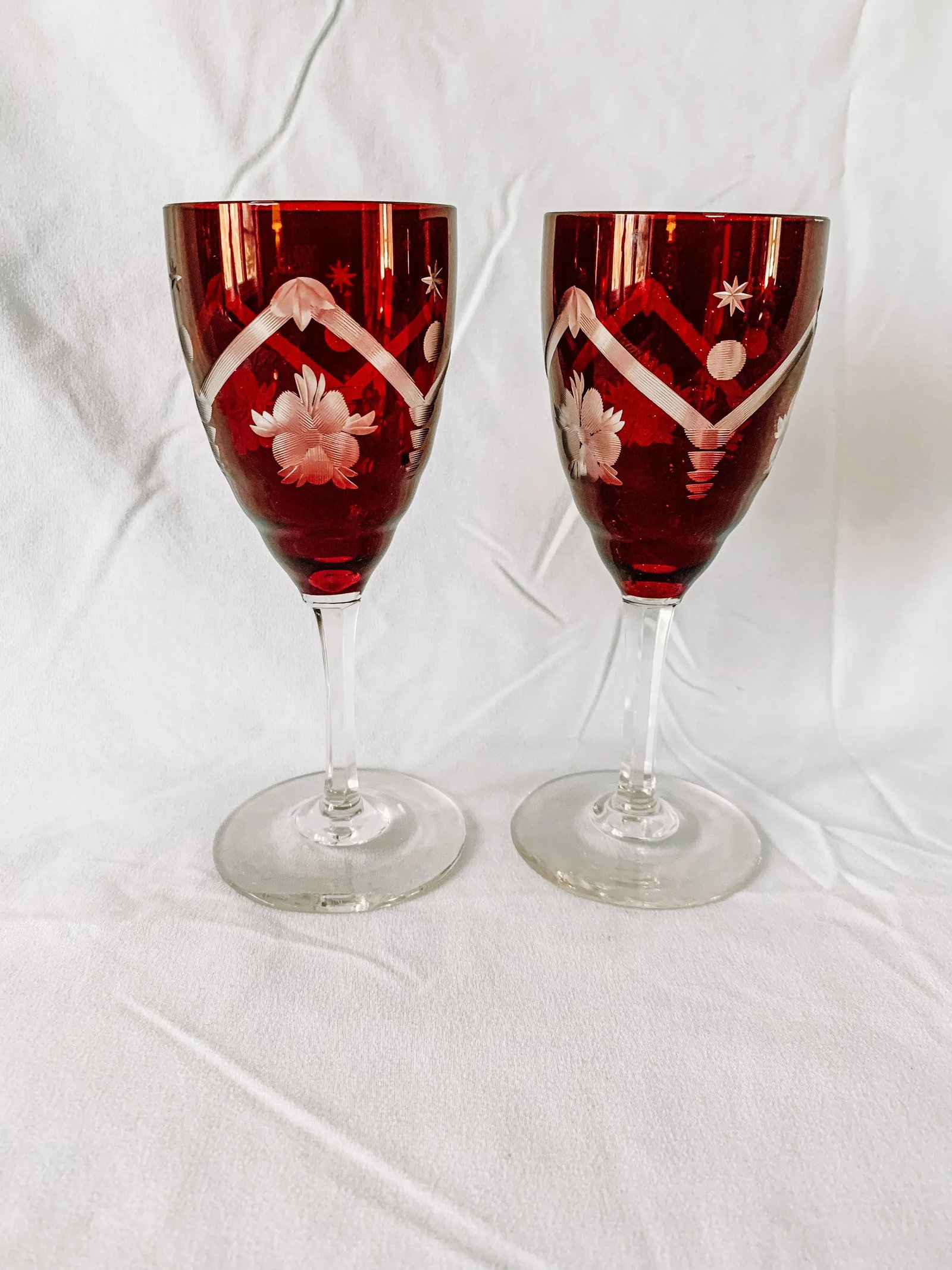1950s Vintage Czechoslovakian Red Crystal Wine Glasses a Pair - 10