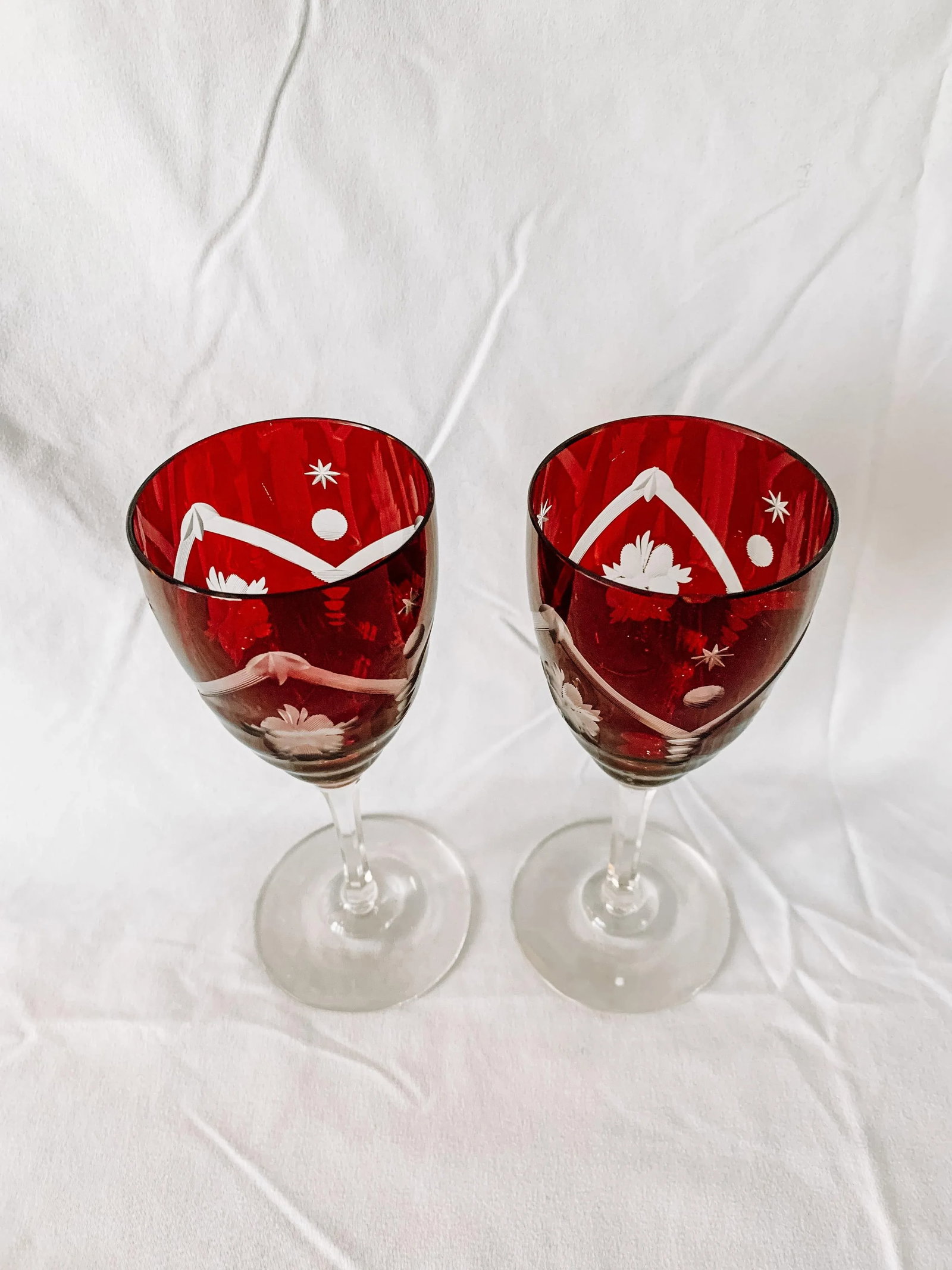 1950s Vintage Czechoslovakian Red Crystal Wine Glasses a Pair - 7