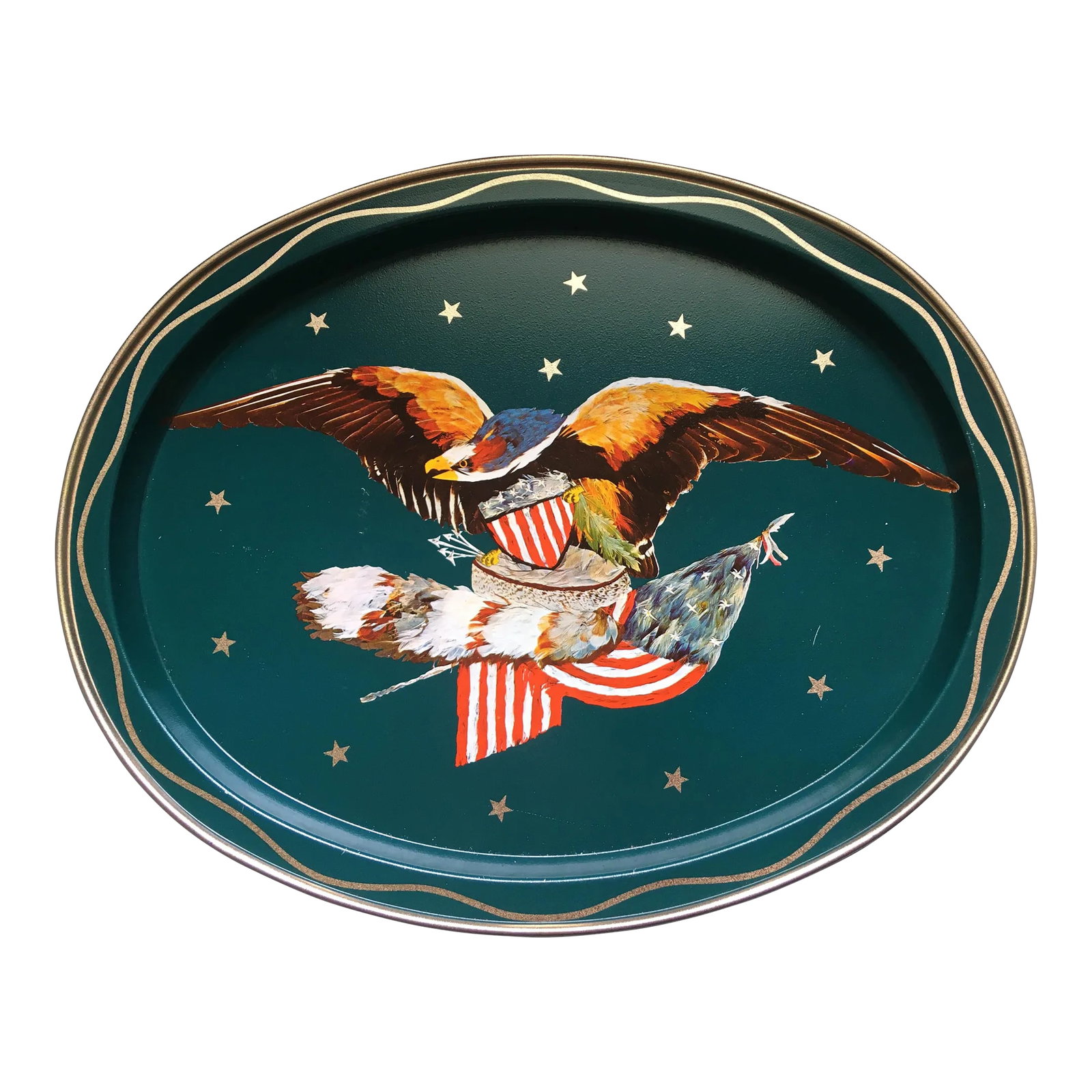 Vintage Teal & Gold Eagle Serving Tray: A vintage eagle and shield serving tray in excellent condition. Ships within 1-2 days using USPS. All items packed with care. Please contact us with any questions. Arrives within 2-5 business days aft